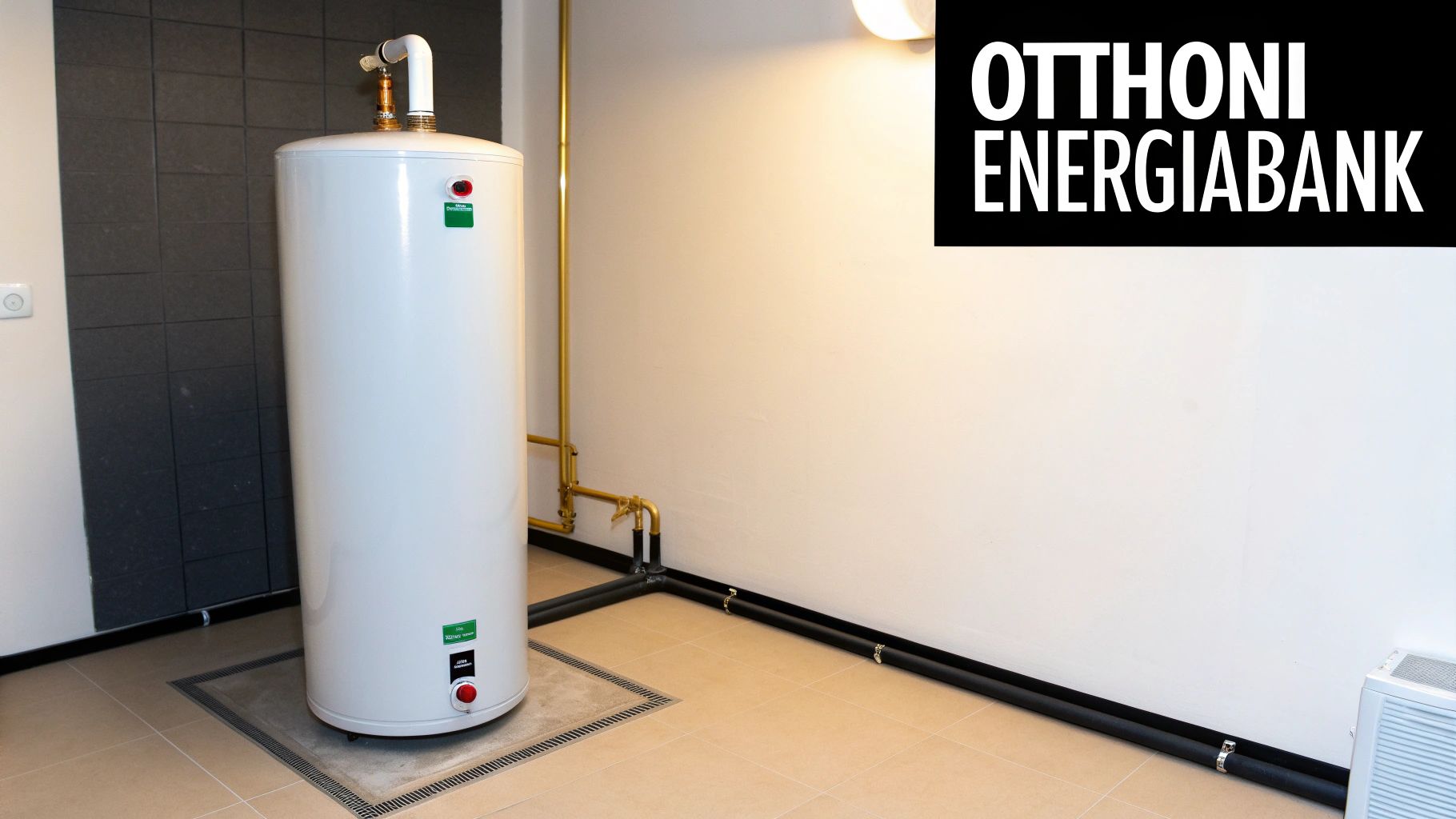 Egy 1000 literes puffertartály a kazánházban, csövekkel és szelepekkel összekötve.