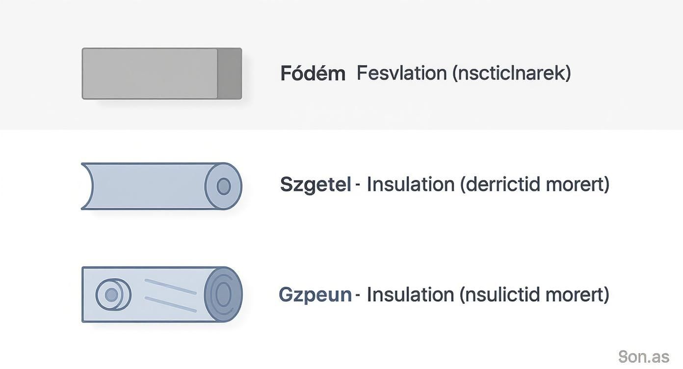 Három illusztráció különböző szigetelési anyagokról, tekercsekről és panelekről, szöveges magyarázatokkal.