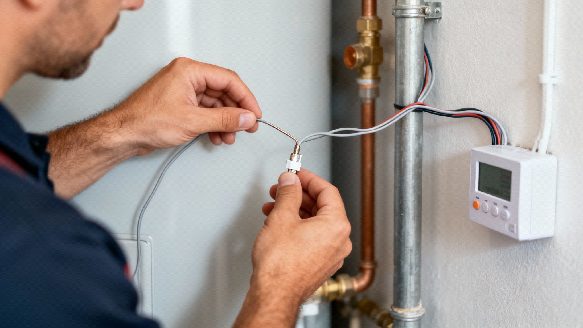 Szakember termosztát vezetékeit szereli egy fűtési rendszer vagy bojler közelében, pontos működésért.