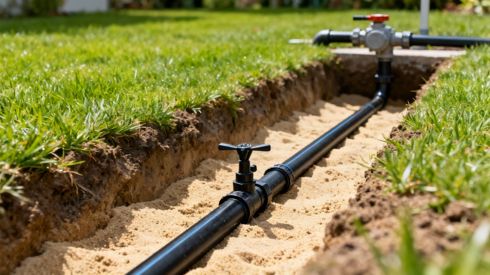 Földbe fektetett öntözőrendszer fekete KPE csővel és szelepekkel, homokos ágyban egy zöld gyep szélén.