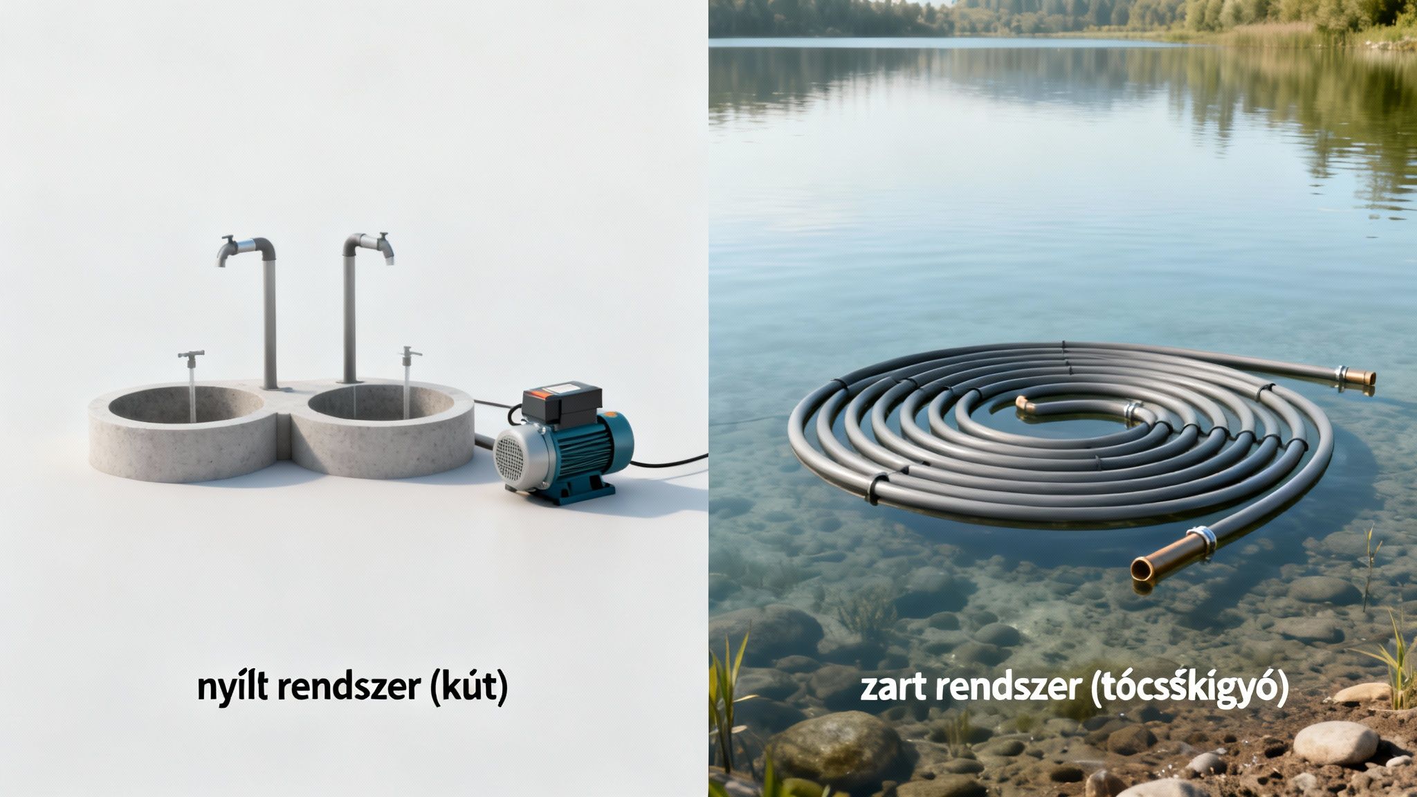 Két víz-víz hőszivattyús rendszer illusztrációja: nyílt (kút) és zárt (tócskígyó) típusok.