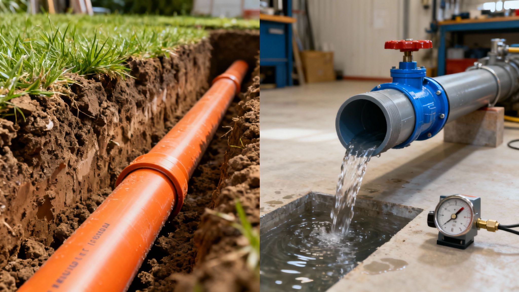 Narancssárga PVC cső fektetése egy földárokban és vízfolyás egy szürke csőből beltéri tesztelés során.