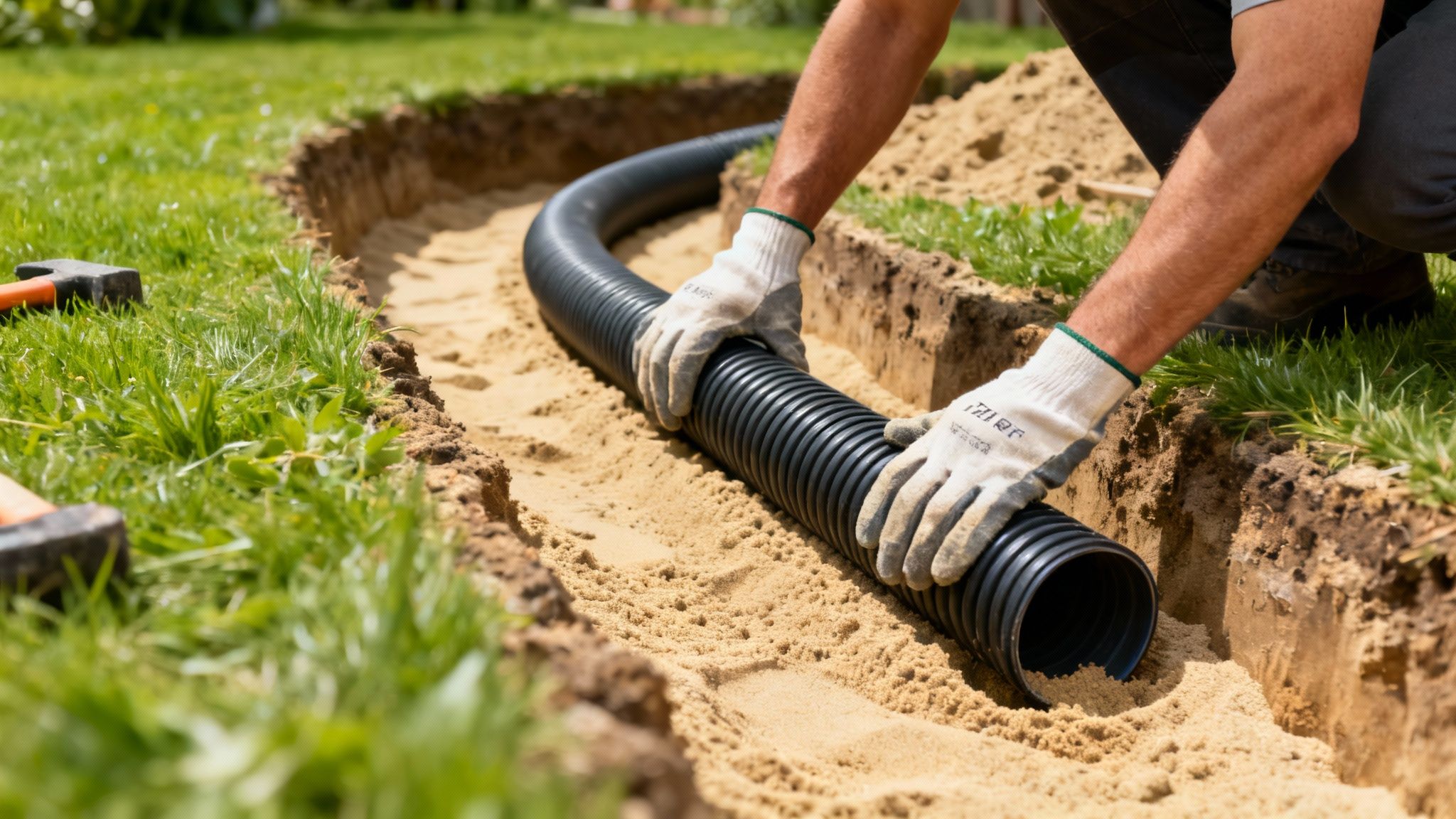 Egy személy kesztyűben fekete hullámos csövet fektet homokos árokba, zöld fűvel körülvéve. Földmunka és vízelvezetés.