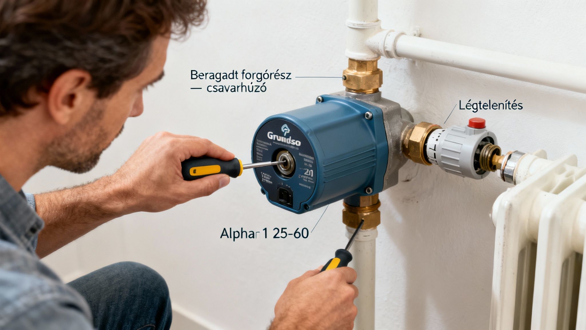 Férfi szereli a Grundfos Alpha 1 25-60 keringetőszivattyút, csavarhúzóval a beragadt forgórésznél és a légtelenítő szelepnél.