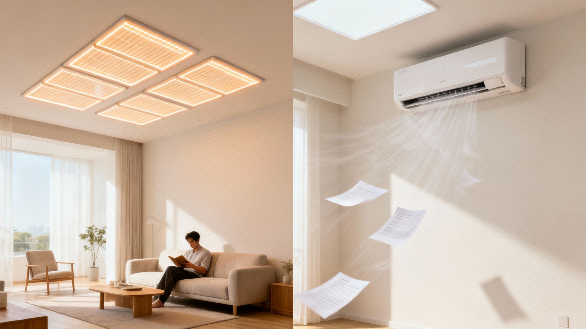 Modern nappali mennyezeti hűtéssel és légkondicionálóval, ami papírokat fúj fel. Kényelmes belső tér.