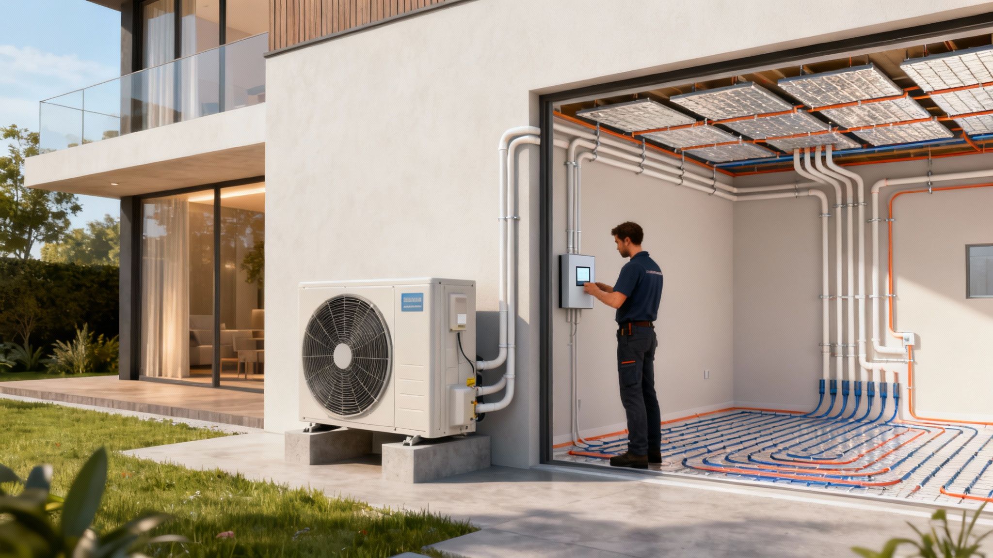Egy modern ház kültéri hőszivattyúja és egy szerelő, aki a felületfűtés/hűtés rendszert ellenőrzi.