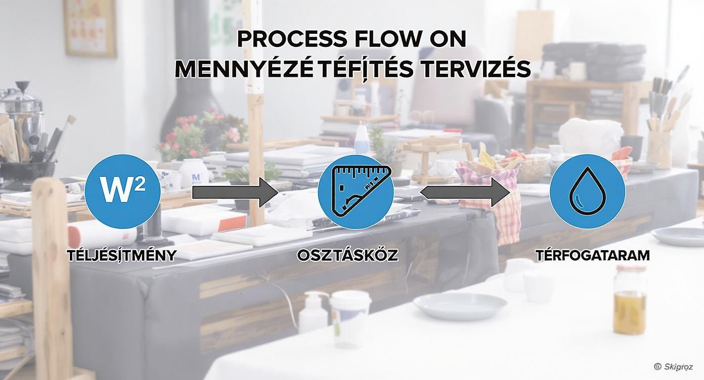 Folyamatábra a mennyezetfűtés tervezéséhez, lépéseivel: teljesítmény, osztásköz és térfogatáram.