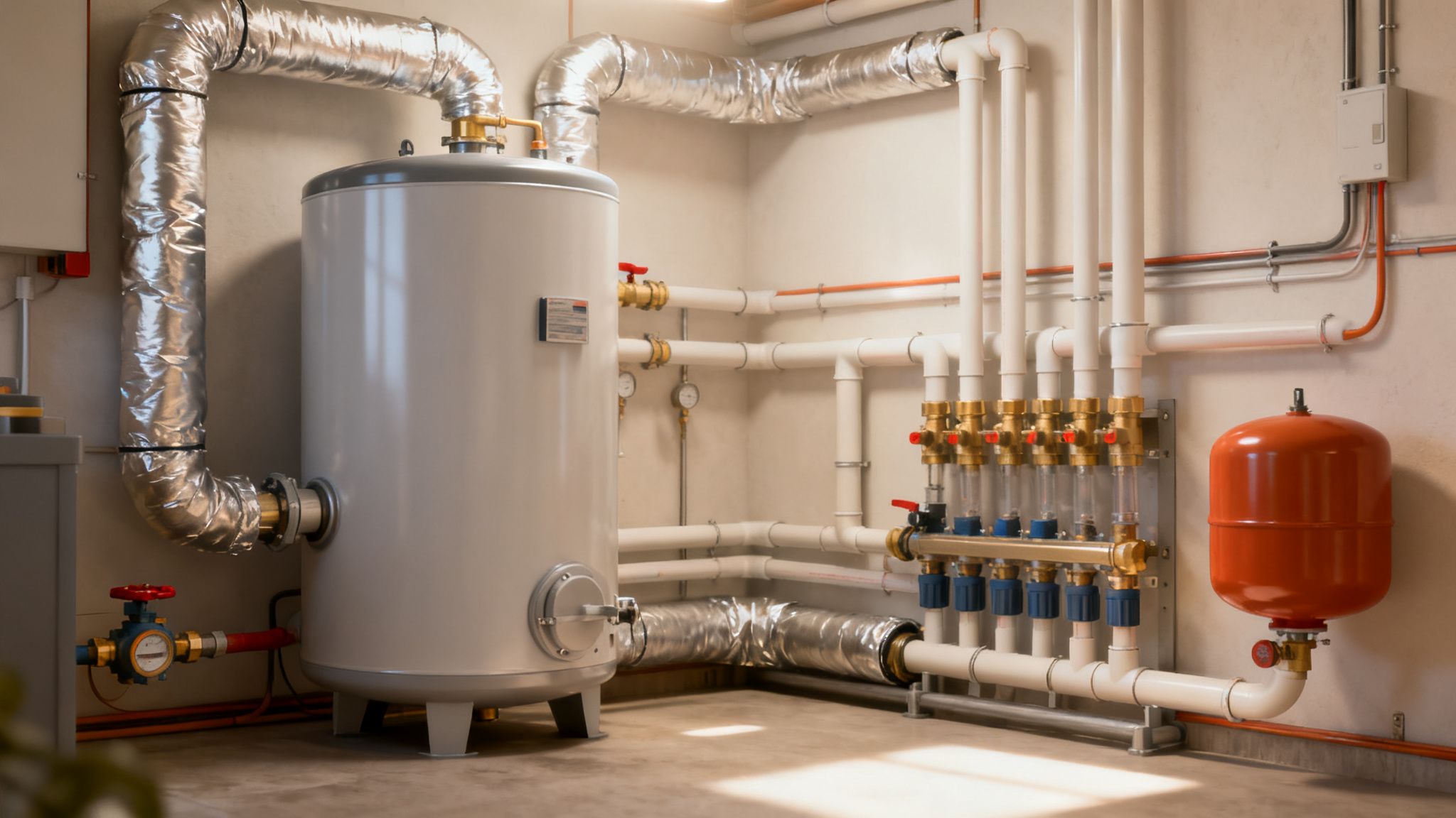 Fűtési rendszer egy modern kazánházban, nagy puffertartállyal, csővezetékekkel és egy piros tágulási tartállyal.