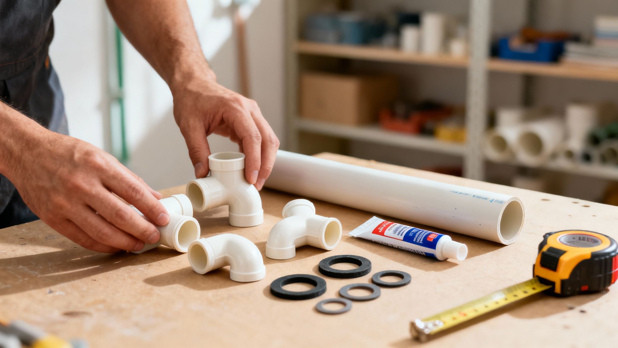 Férfi kezei PVC csöveket és fittingeket illesztenek egy munkapadon, mérőszalaggal és ragasztóval.