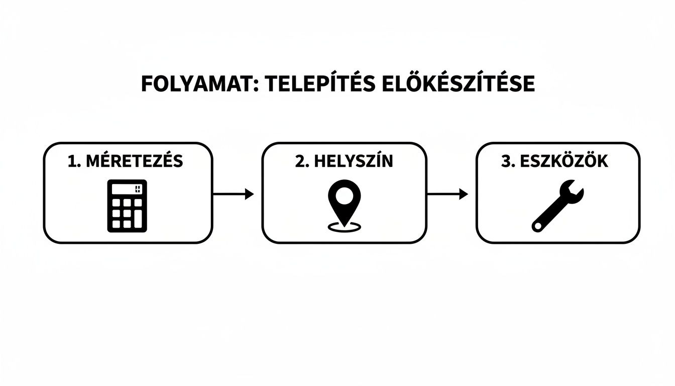 Folyamatábra a telepítés előkészítéséhez három lépésben: méretezés, helyszín kiválasztása és eszközök.