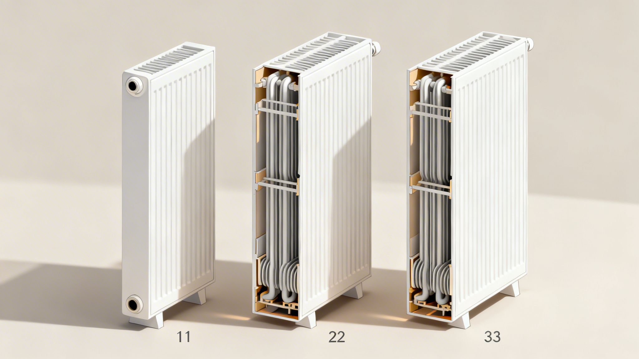 Három különböző típusú fehér radiátor látható, kettőnek belső szerkezete is feltárul.