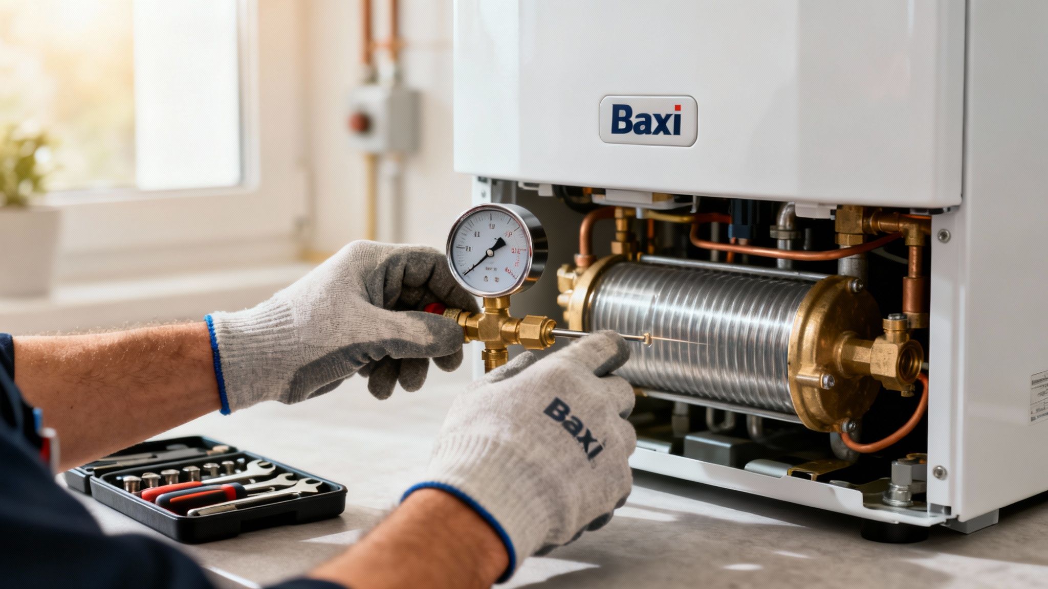 Egy szakember kesztyűben Baxi kazán nyomását ellenőrzi, szerszámokkal a közelben, otthoni környezetben.