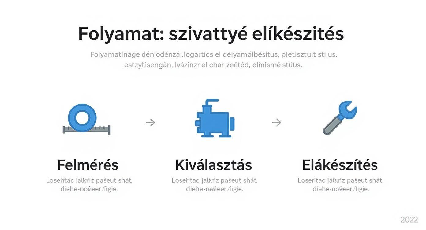 A szivattyú előkészítési folyamatát bemutató ábra: felmérés, kiválasztás, előkészítés ikonokkal.