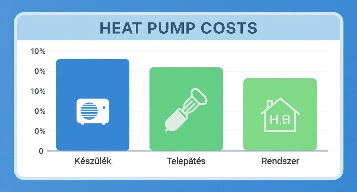 Diagram a hőszivattyú költségeinek megoszlásáról, mely a készülék, telepítés és rendszer kiadásait mutatja.