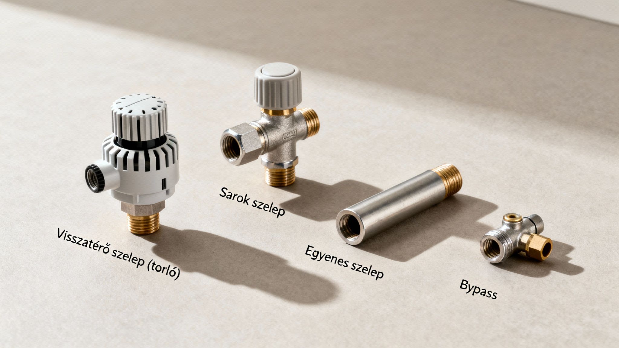 Különböző radiátorszelep típusok, mint a visszatérő, sarok és egyenes szelep, valamint egy bypass látható.