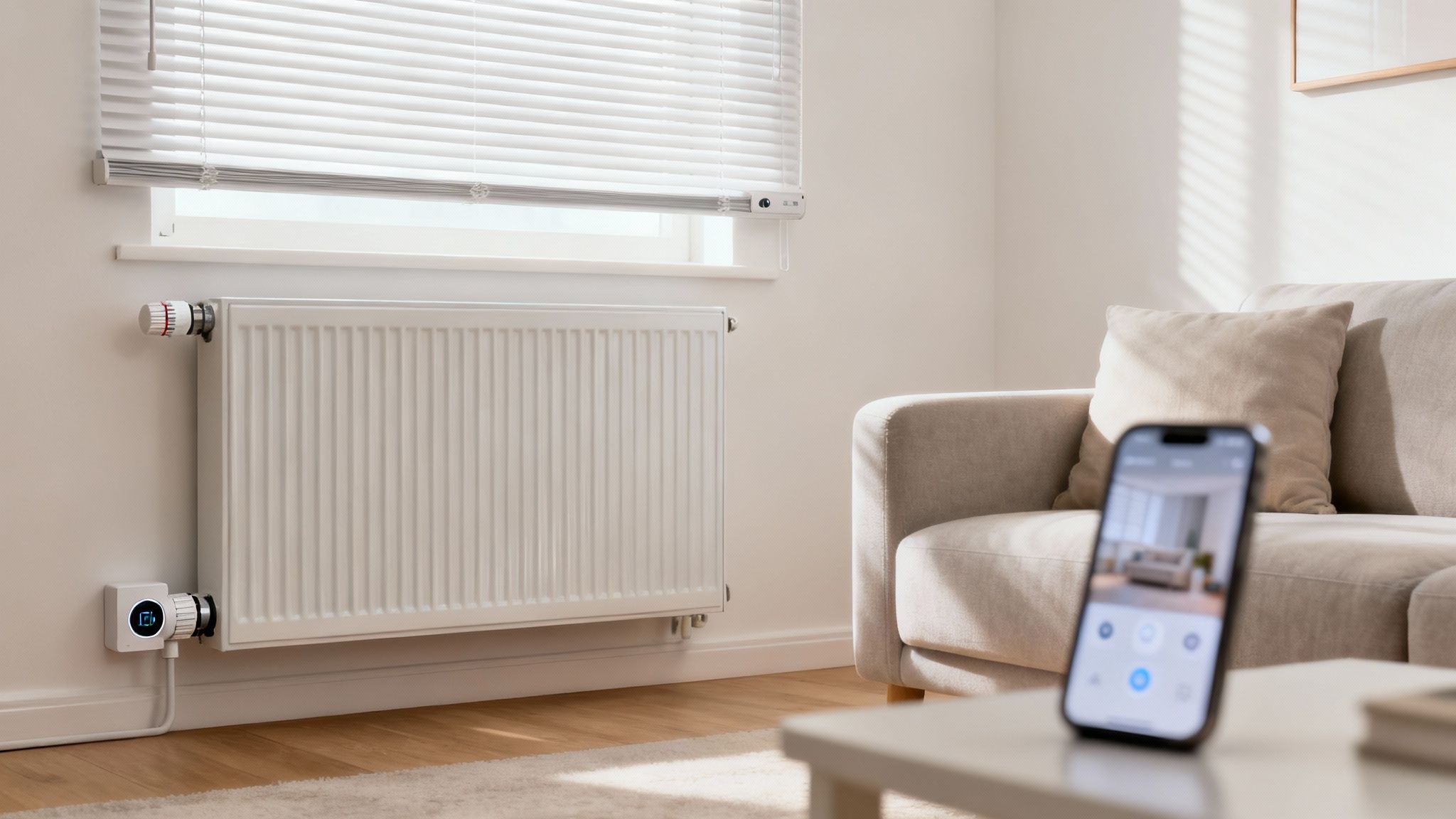 Modern nappali okosotthon fűtésvezérléssel: radiátor termosztáttal és hubbal, telefonos irányítással.
