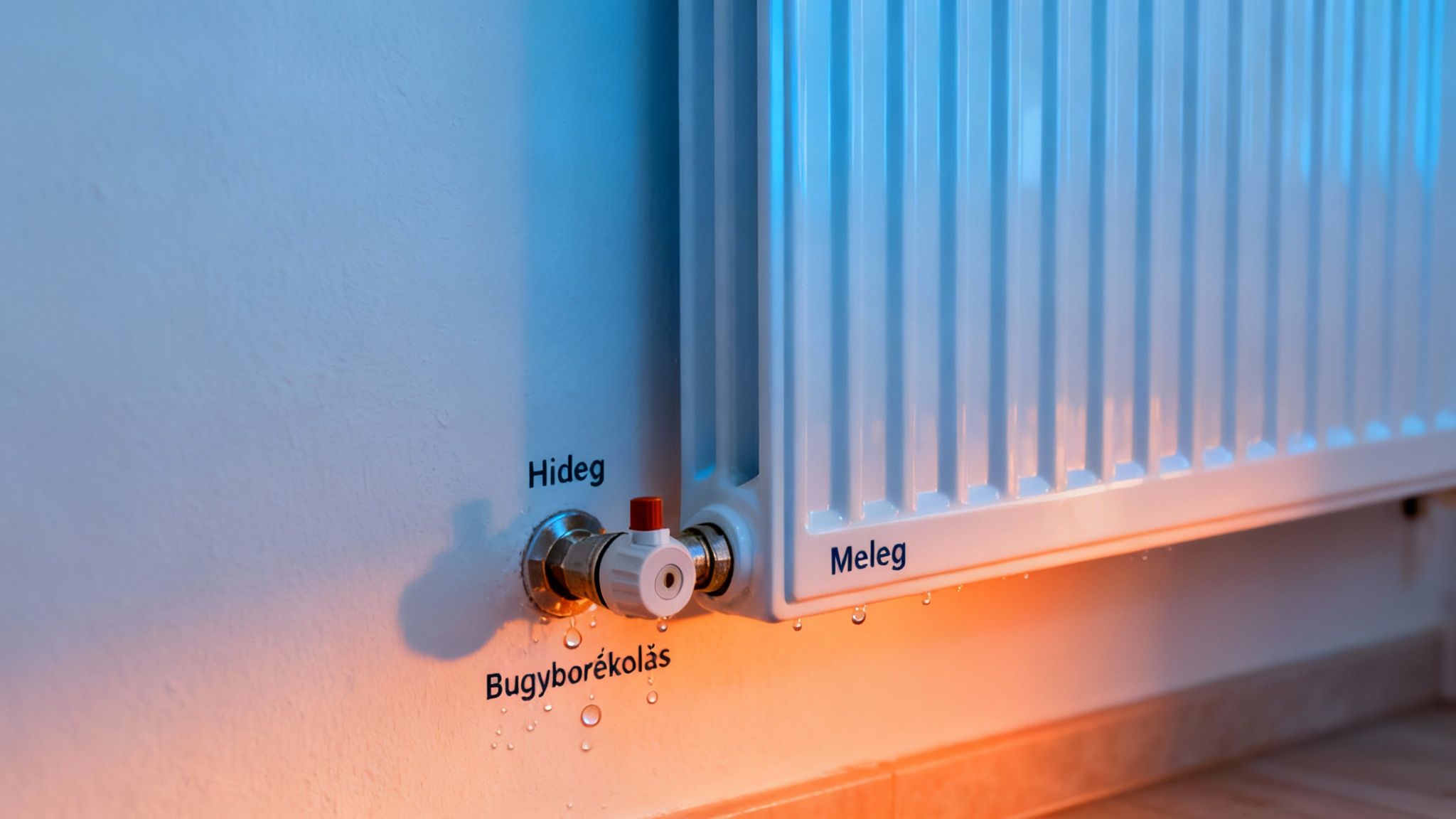 Radiátor légtelenítése, hideg és meleg feliratokkal, valamint bugyborékoló vízcseppekkel a szelep alatt.
