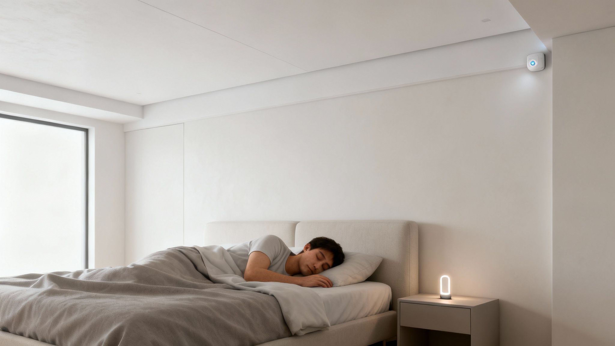 Fiatal férfi alszik egy letisztult, modern hálószobában, rejtett mennyezeti hűtéssel és hangulatos éjjeli fénnyel.