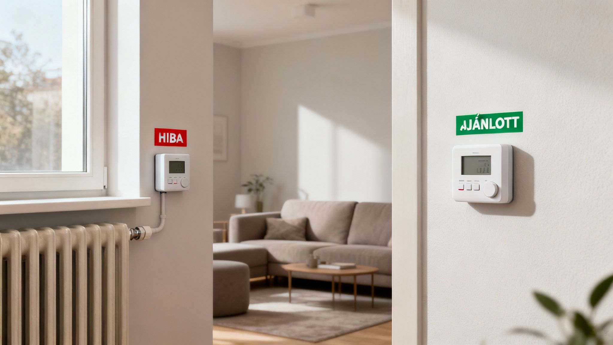 Két digitális termosztát egy otthoni környezetben, az egyik hibát jelez, a másik ajánlott állapotot mutat.