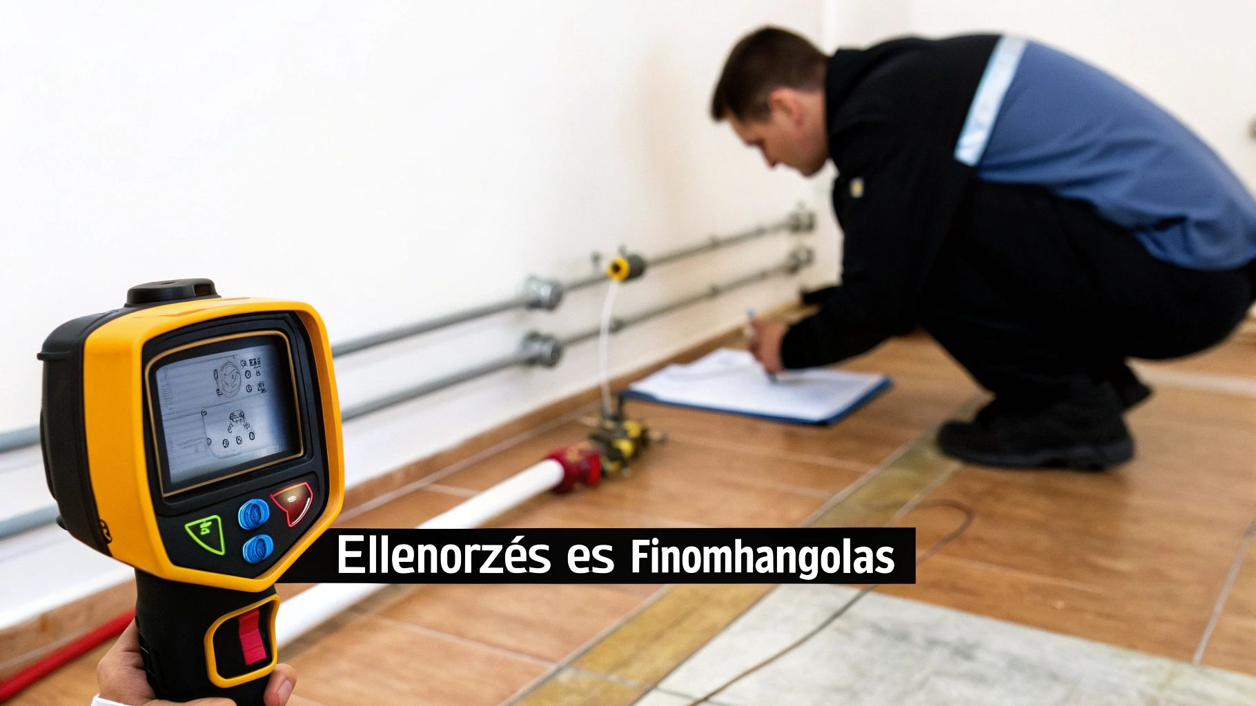 Egy szakember ellenőrzi a padlófűtés osztó-gyűjtő beállításait.