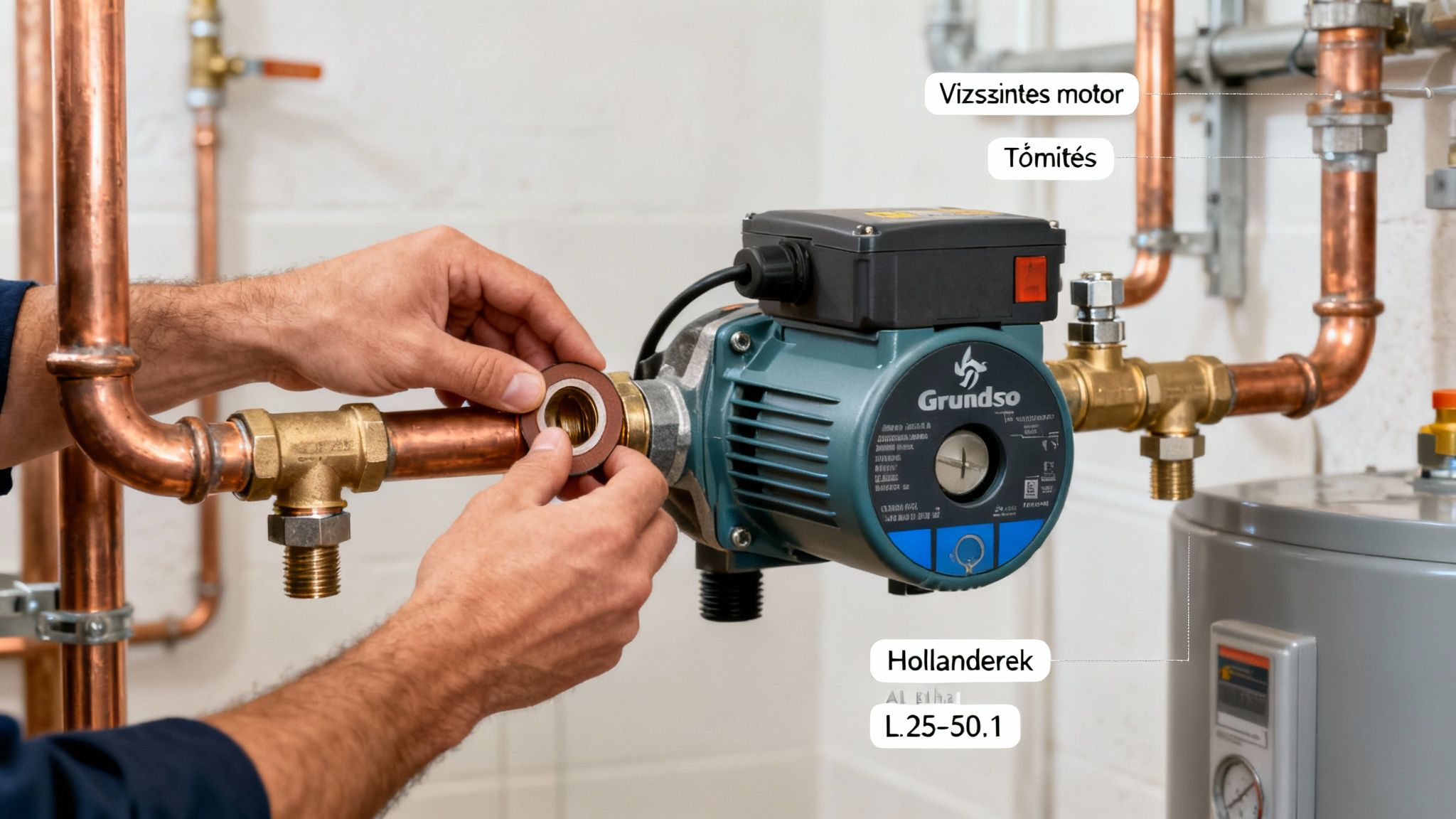 Férfi szerelő kezei egy Grundfos keringető szivattyút szerelnek be, vízvezeték csövekkel és tömítésekkel.