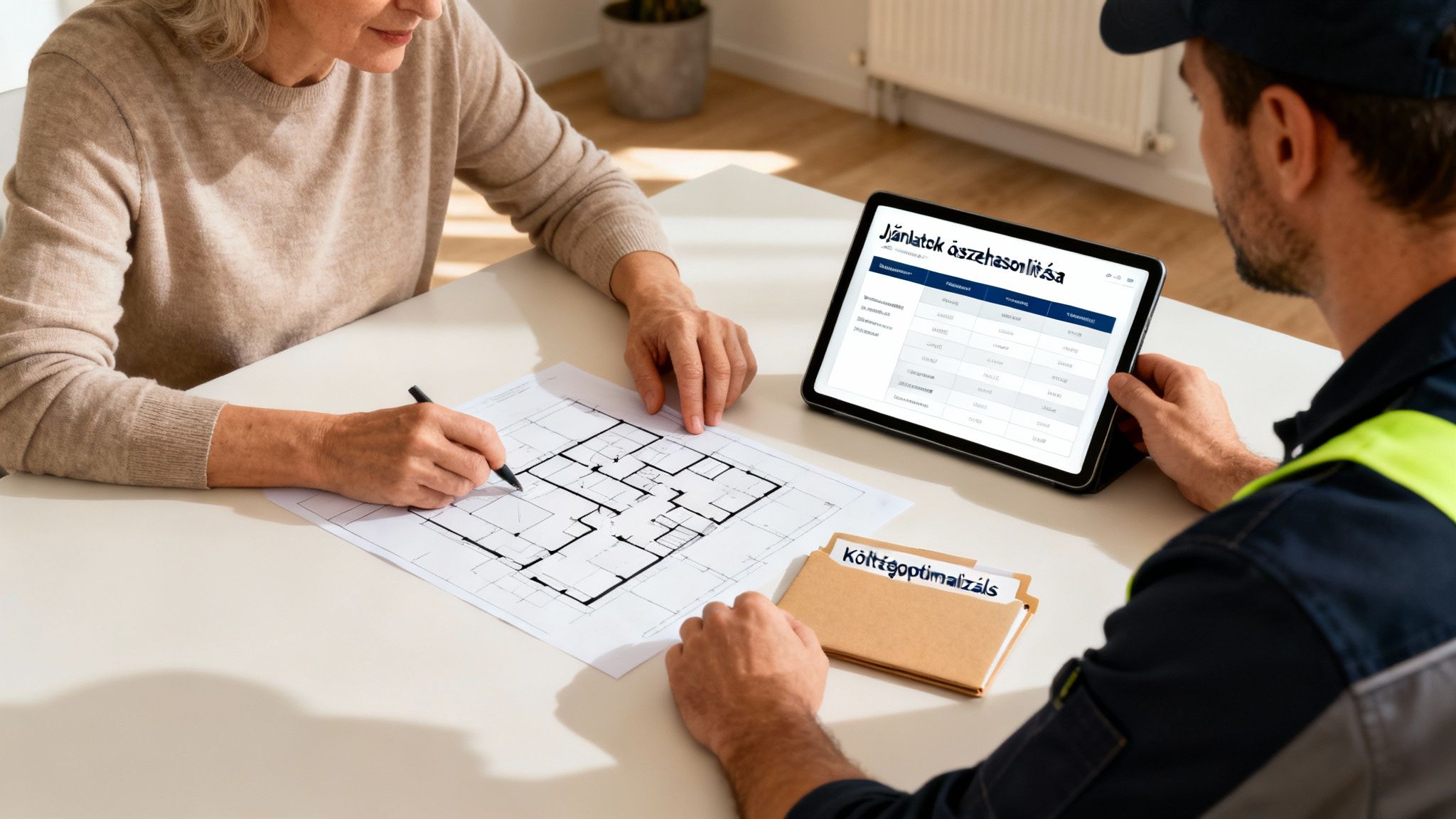 Idős nő és szakember háztervet néz, miközben tableten árajánlatokat hasonlítanak össze a költségoptimalizálás érdekében.