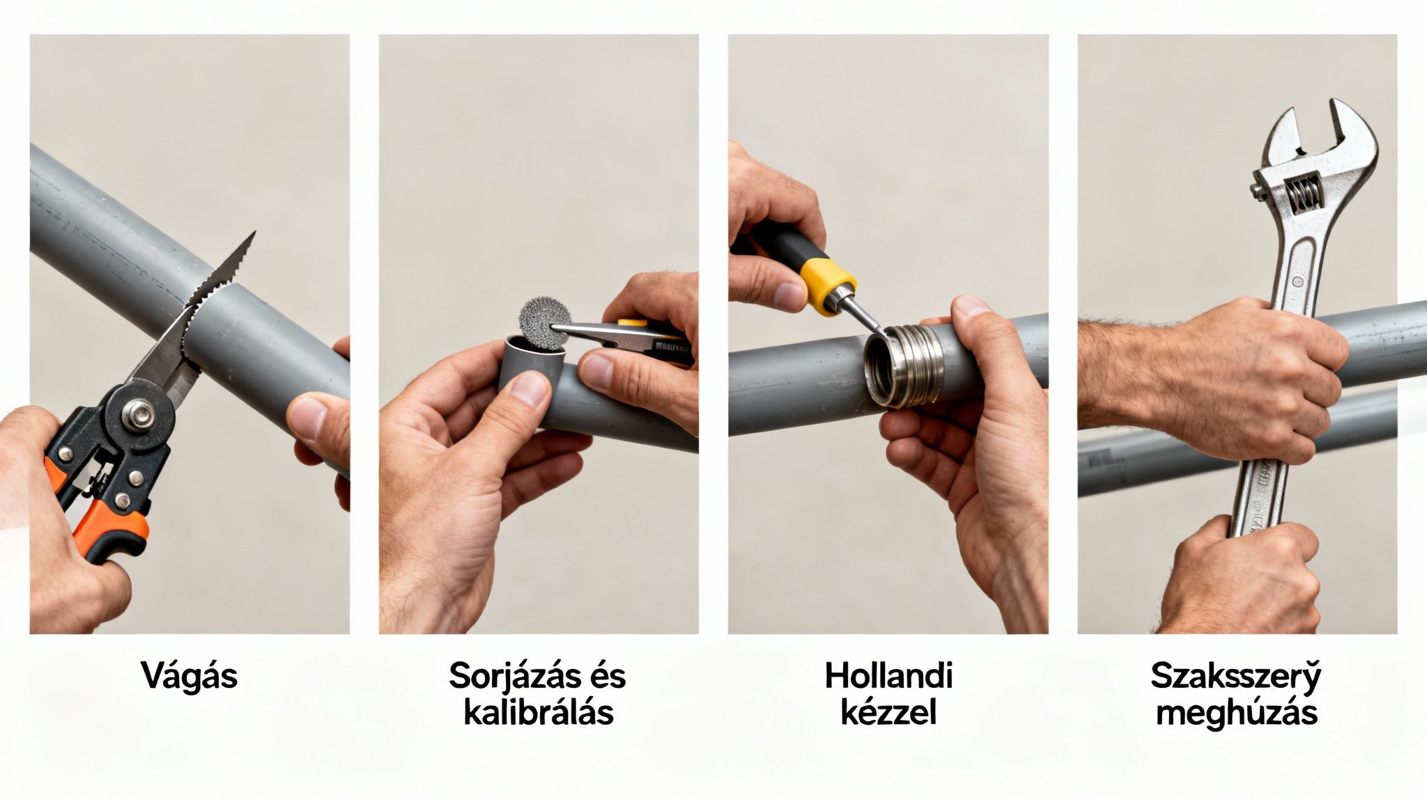 A képen egy 5 rétegű cső idomok szerelési folyamata látható, a vágástól a szakszerű meghúzásig.