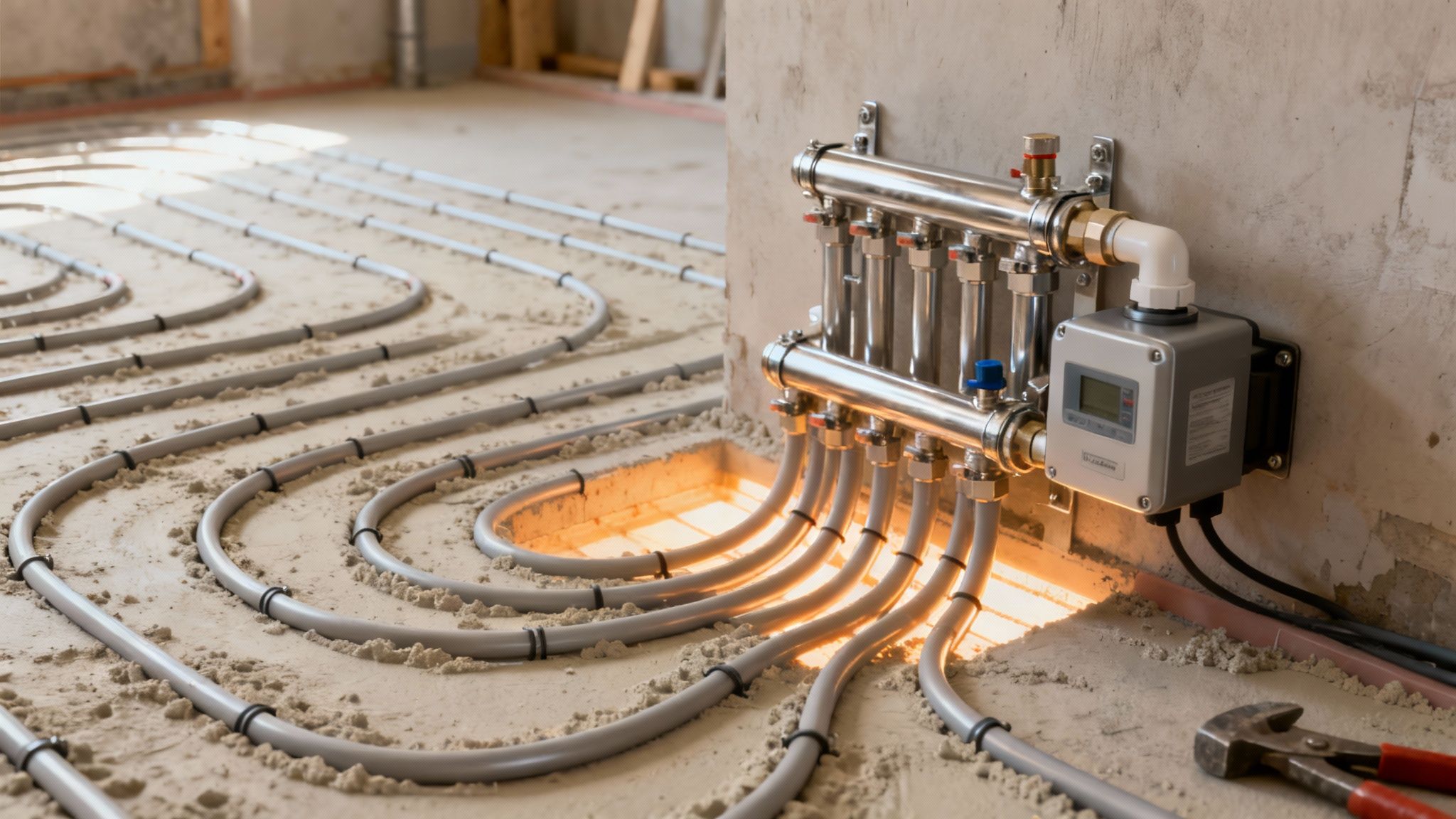 Padlófűtés rendszer telepítése építkezésen. A fűtőcsövek az elosztóra csatlakoznak, mely egy falra van szerelve.