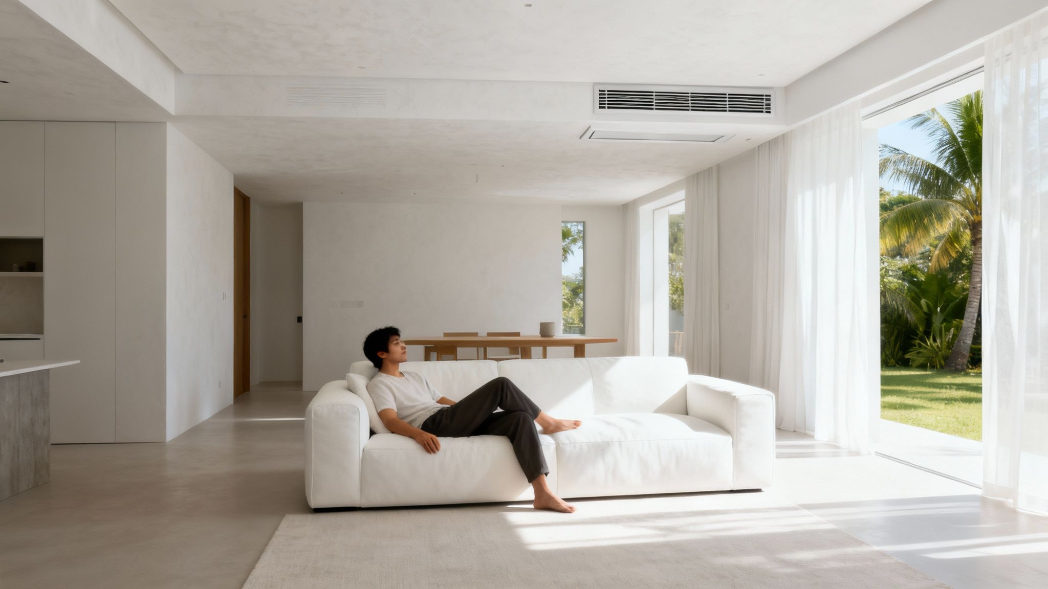 Fiatal férfi pihen modern, világos nappaliban, fehér kanapén. Mennyezeti hűtés és trópusi kertre néző ablak látható.