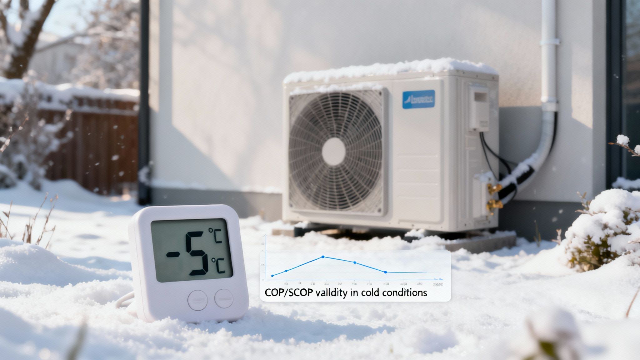 Hőszivattyú hóban, -5°C-os hőmérséklet, és egy grafikon a hőszivattyú téli hatékonyságáról.