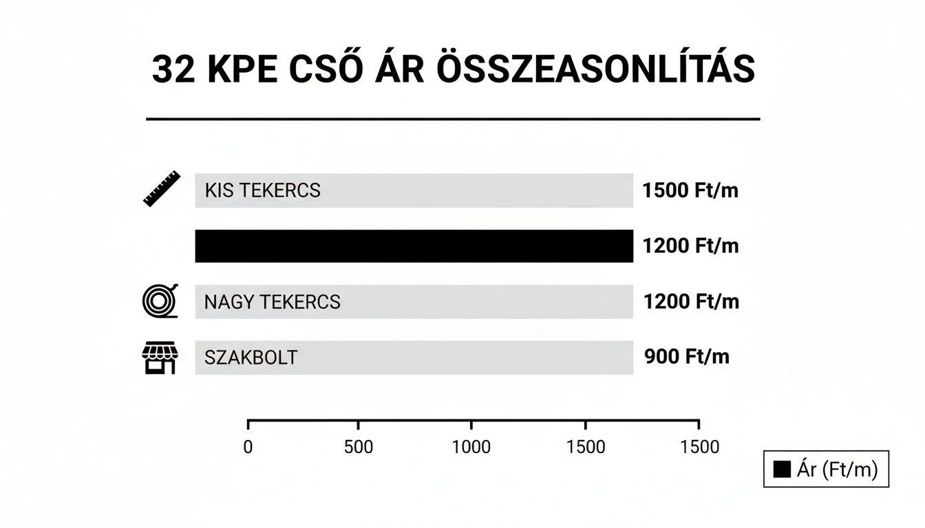 Grafikon a 32 KPE cső árának összehasonlításáról, feltüntetve a kis tekercs, nagy tekercs és szakbolt árait.