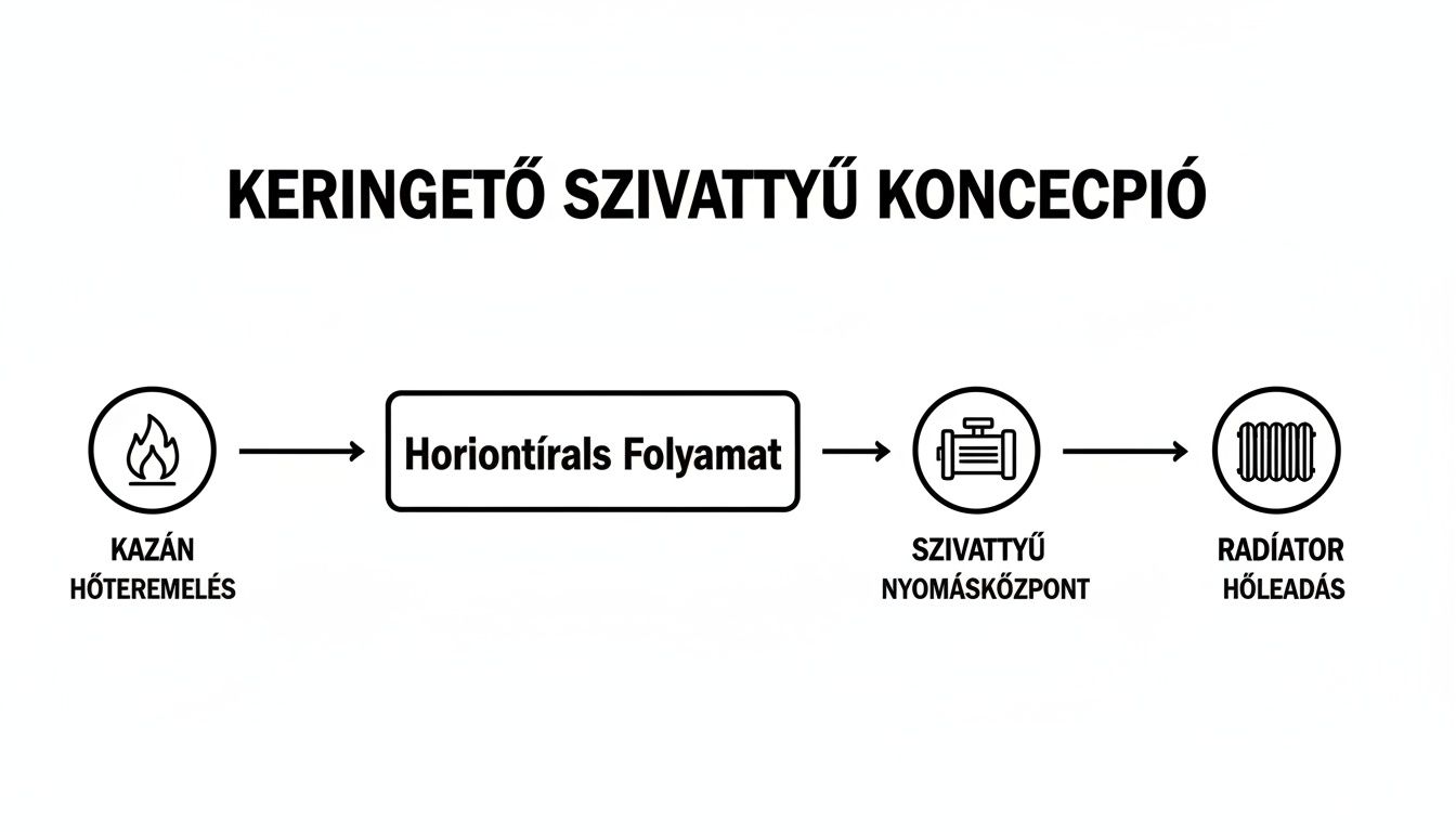 Ábra a fűtési rendszer keringető szivattyújának működési elvét mutatja be, a kazántól a radiátorig.
