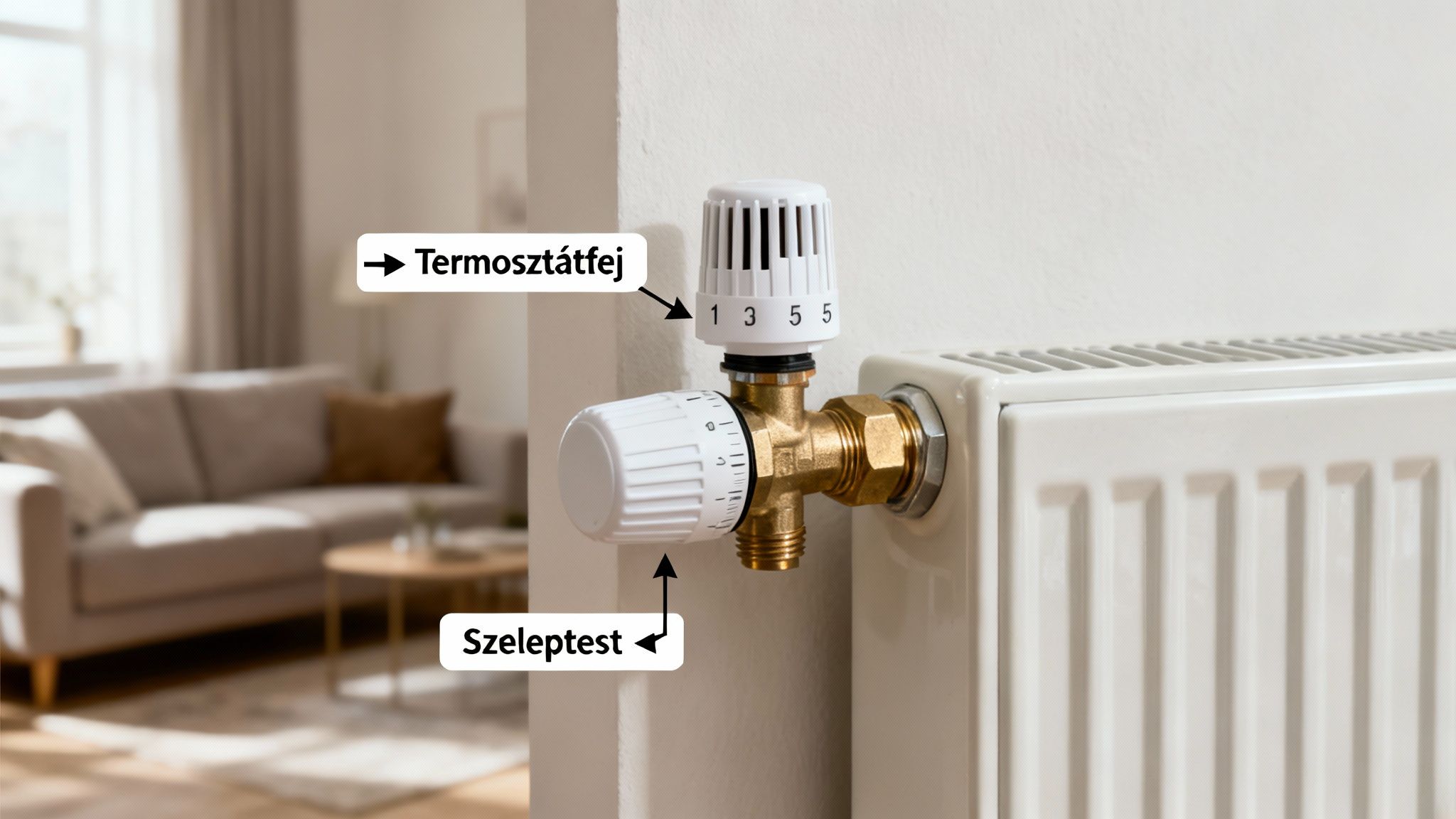 Közelkép egy radiátor szelepéről termosztátfejjel és szelep testtel, feliratokkal a funkciók jelölésére egy nappali környezetben.