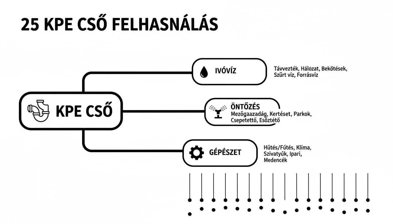 Diagram a 25 KPE cső sokoldalú felhasználási területeiről: ivóvíz ellátás, öntözés és gépészeti alkalmazások részletes bemutatásával.