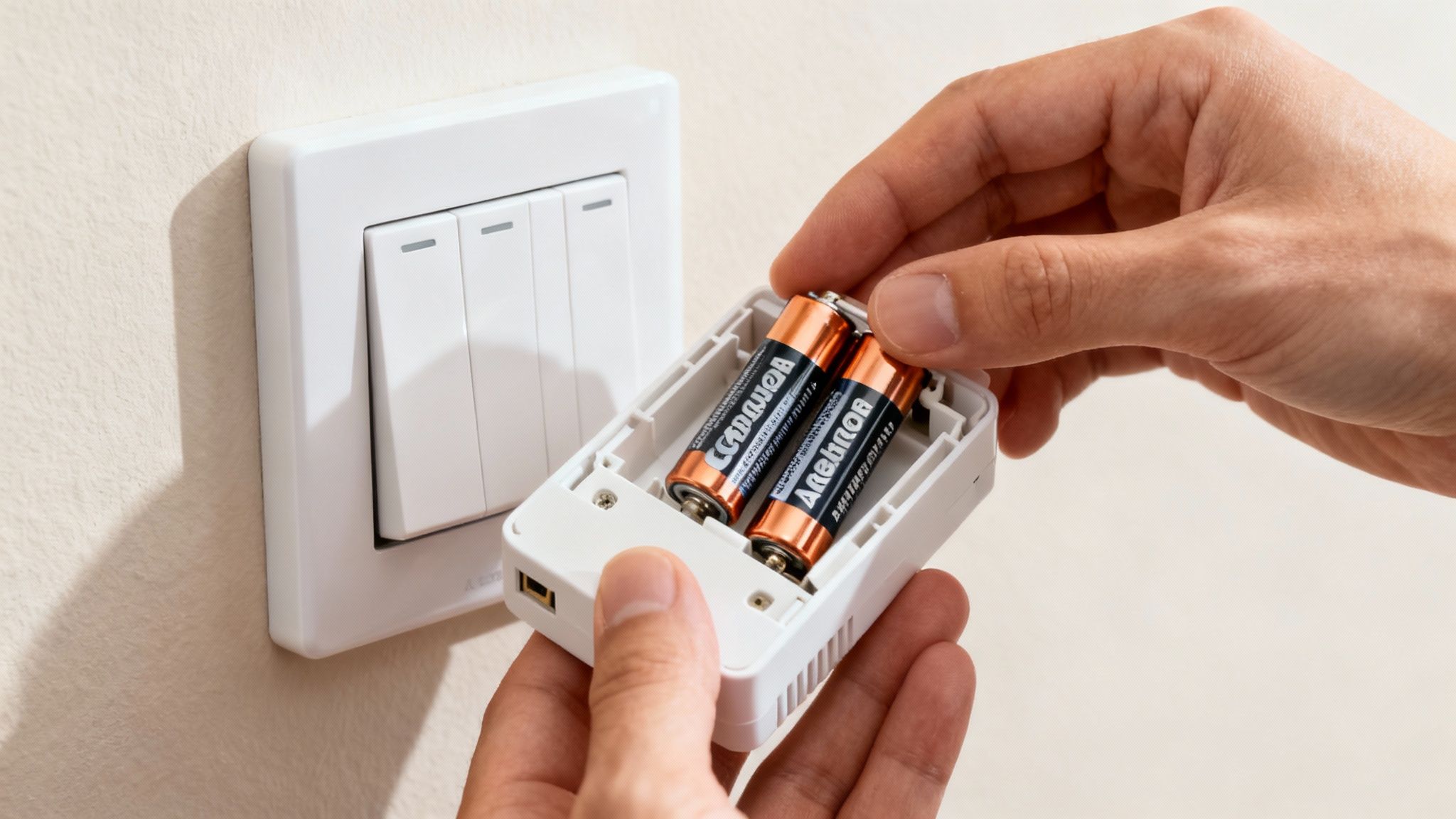 Egy személy elemeket helyez be egy fehér vezeték nélküli eszközbe, a falon lévő kapcsoló közelében.