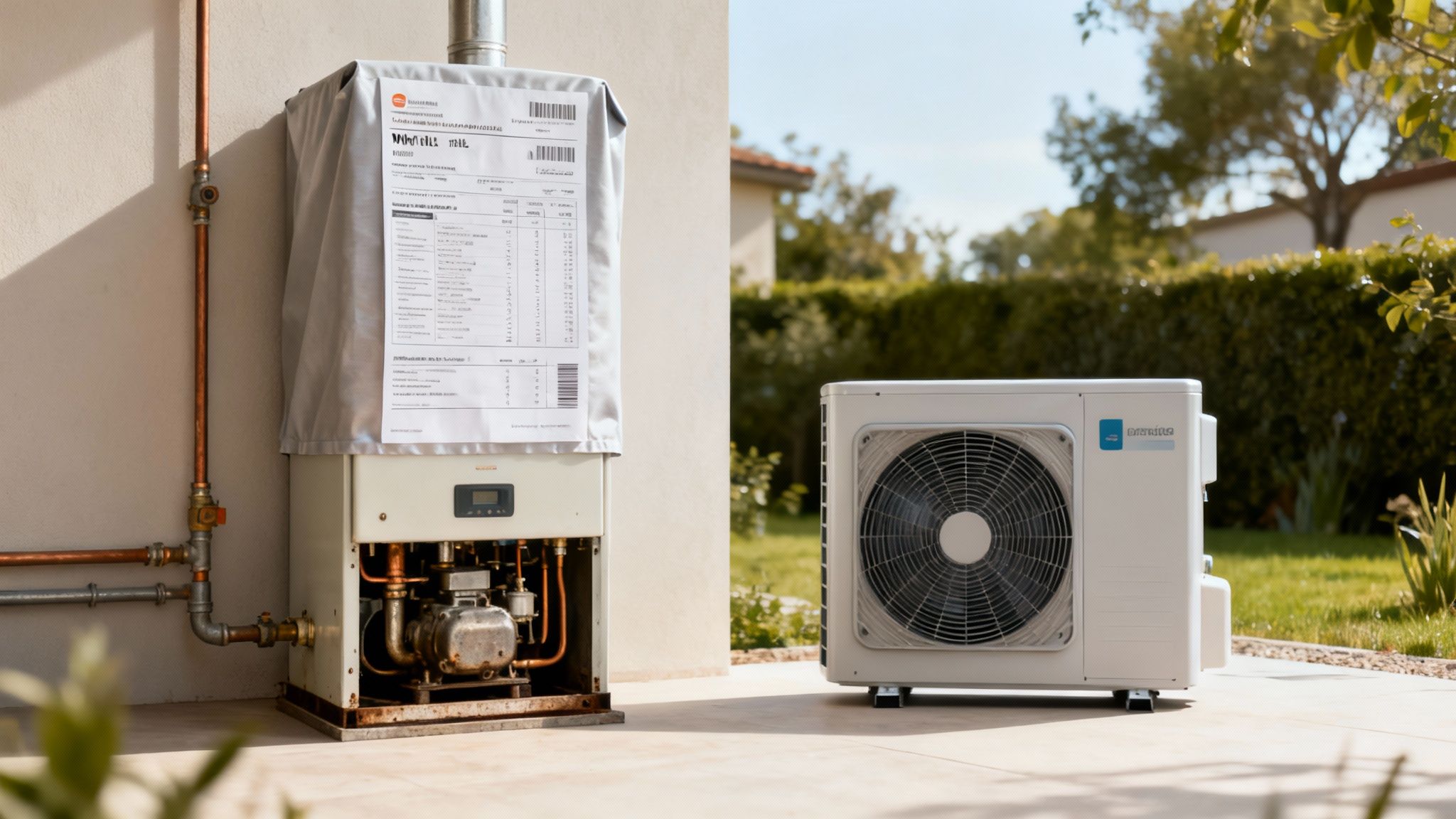 Egy régi kazán és egy modern hőszivattyú összehasonlítása egy udvaron, fűtésmegoldások bemutatására.