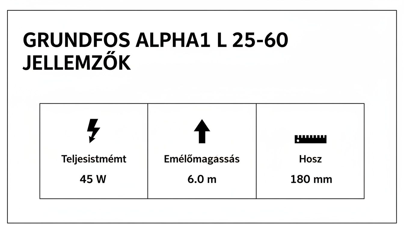 Grundfos ALPHA1 L 25-60 szivattyú jellemzői: teljesítmény (45 W), emelőmagasság (6.0 m) és hossz (180 mm).