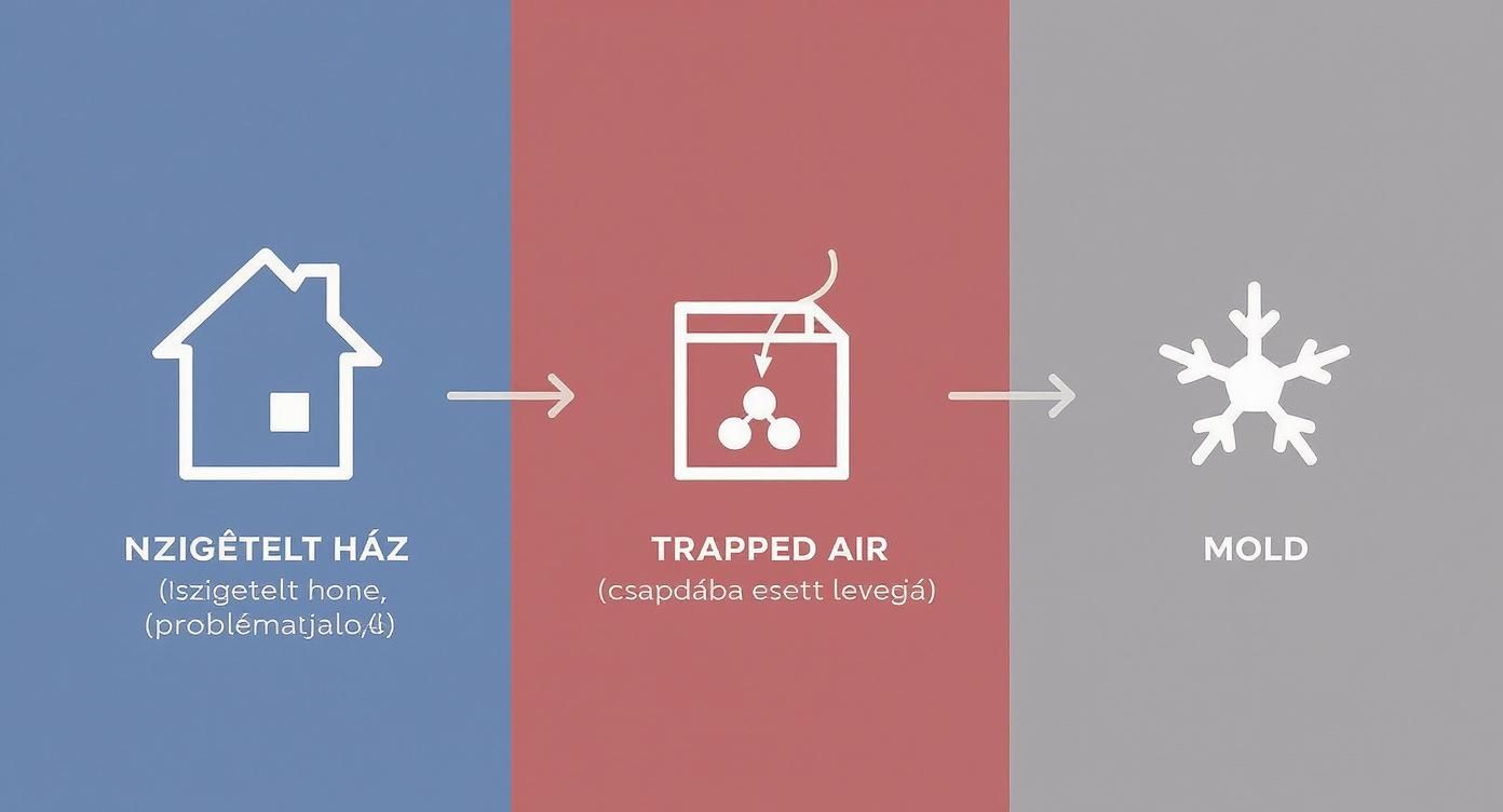 Az ábra egy szigetelt házból induló, a beszorult levegőn keresztül penész kialakulásához vezető folyamatot szemléltet.