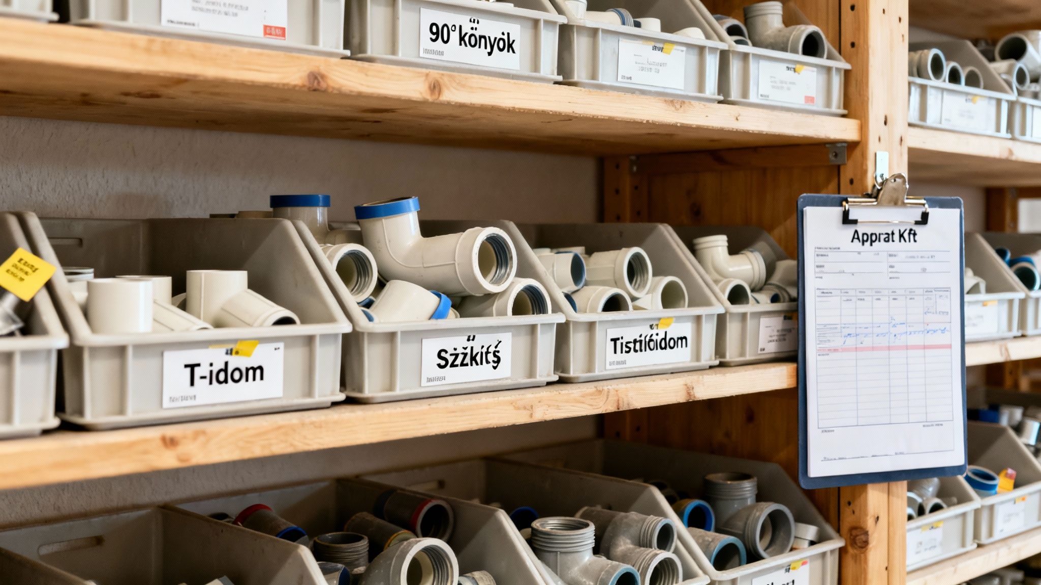 Rendezett raktár polcain különböző PVC cső idomok tárolva, címkékkel ellátva az azonosításhoz.