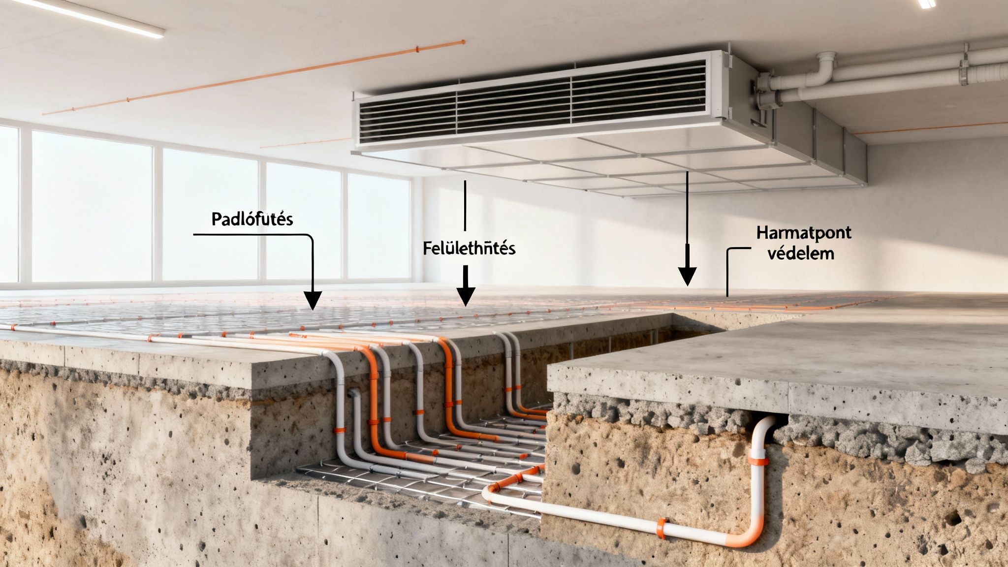 Épület padló- és felületfűtés-hűtés rendszerének metszeti ábrázolása, harmatpont védelemmel.