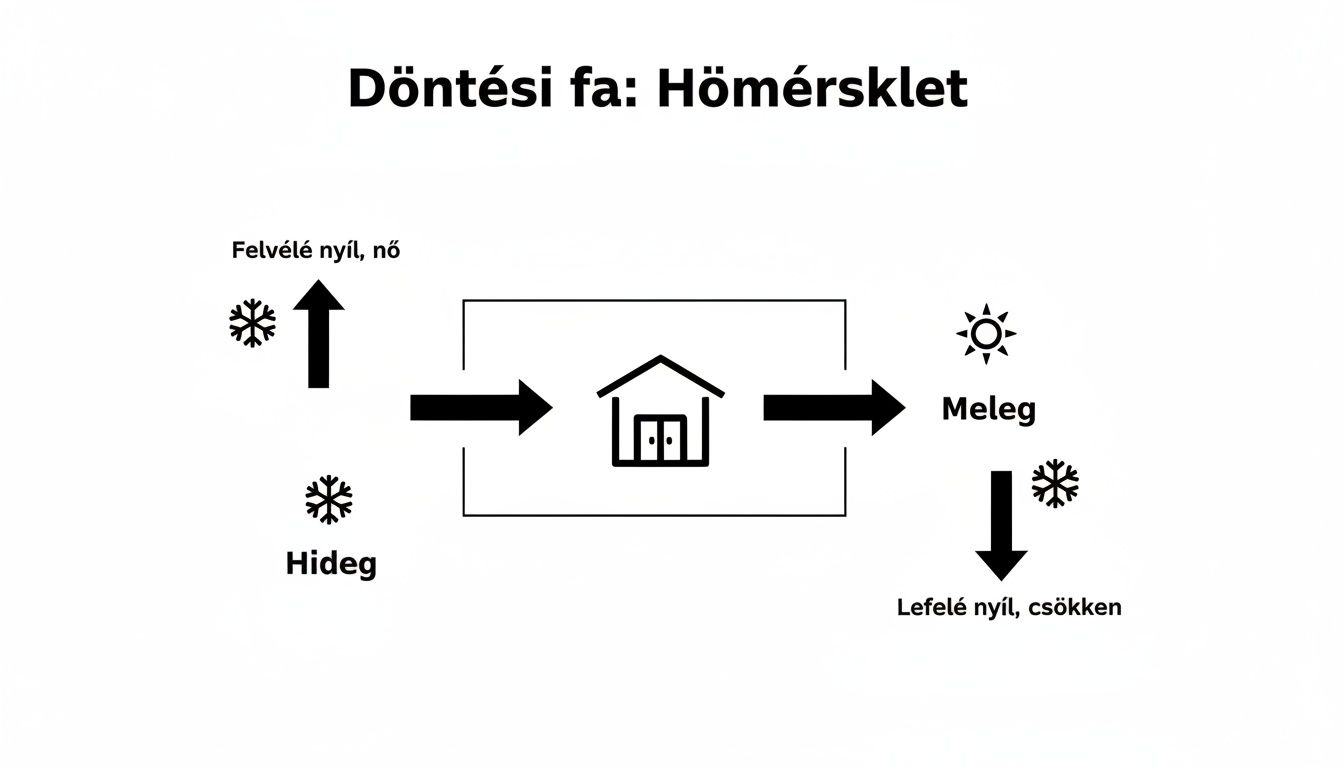Hőmérséklet döntési fa diagram, amely a hőmérséklet változását (növekedés, csökkenés) és szabályozását illusztrálja egy ház ikonnal.