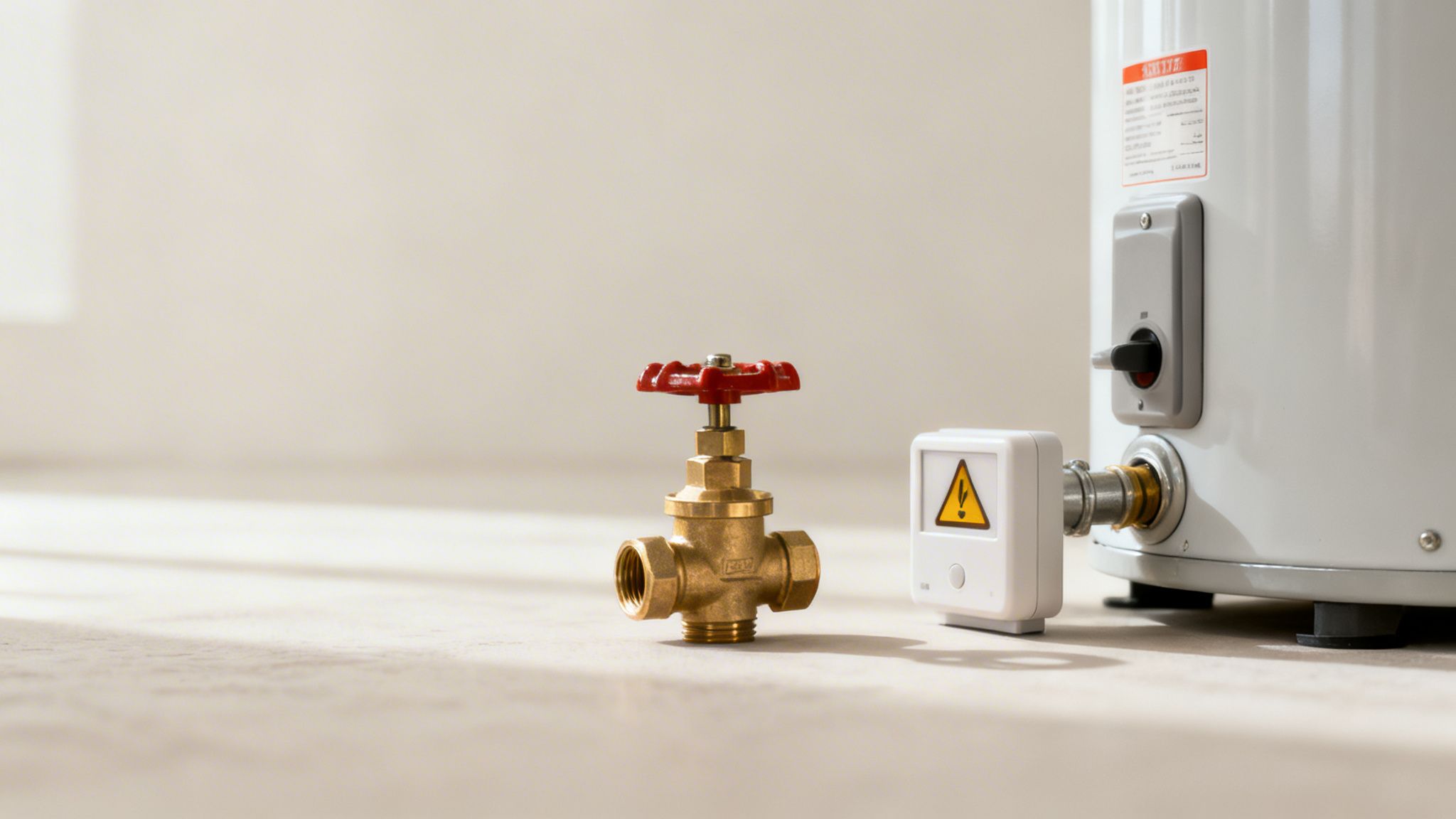 Sárgaréz elzárószelep piros fogantyúval és fehér bojler biztonsági érzékelővel, padlón.