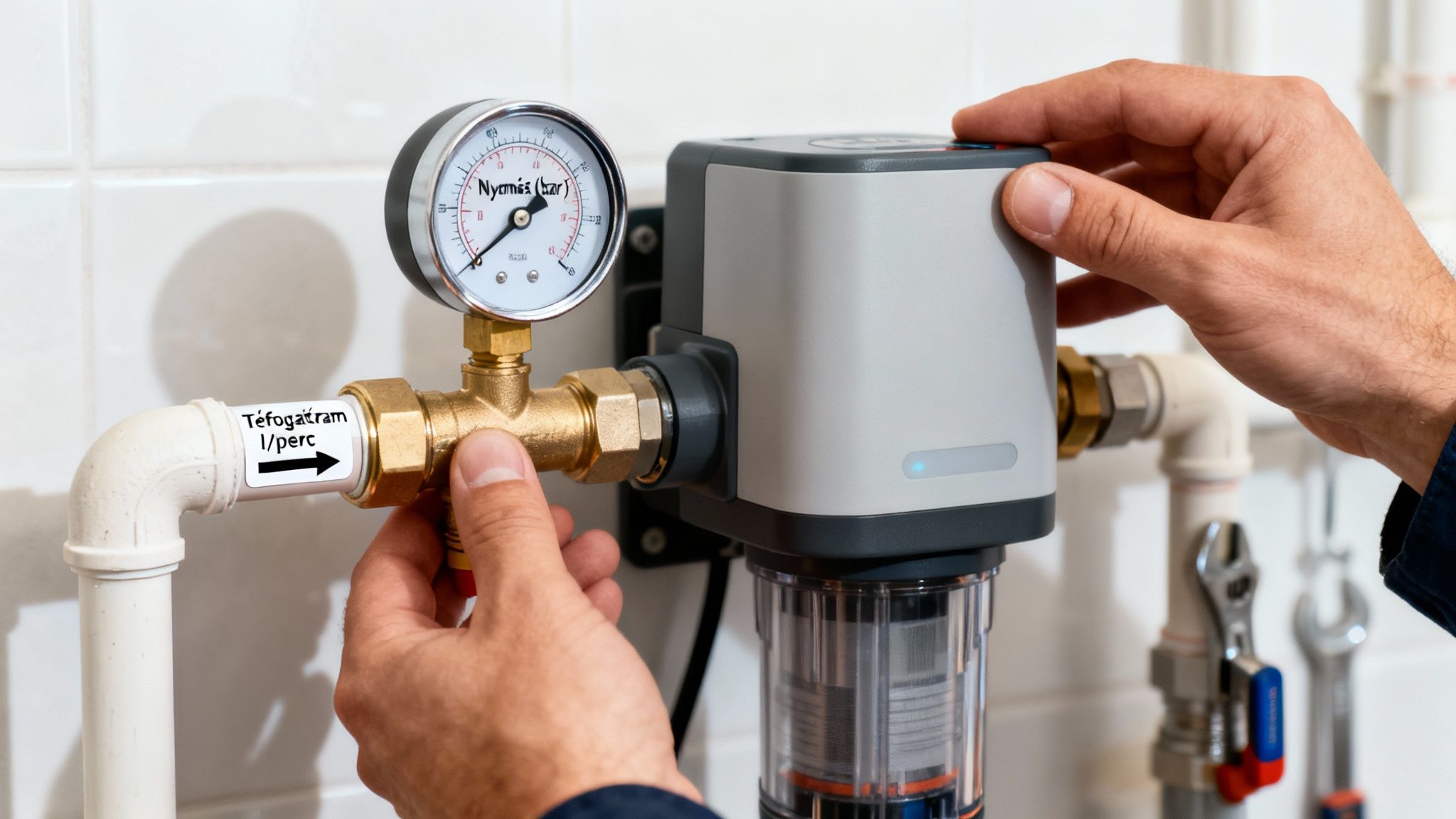 Kéz ellenőrzi a vízvezeték-rendszert nyomásmérővel és térfogatáram-jelzővel, karbantartás közben.