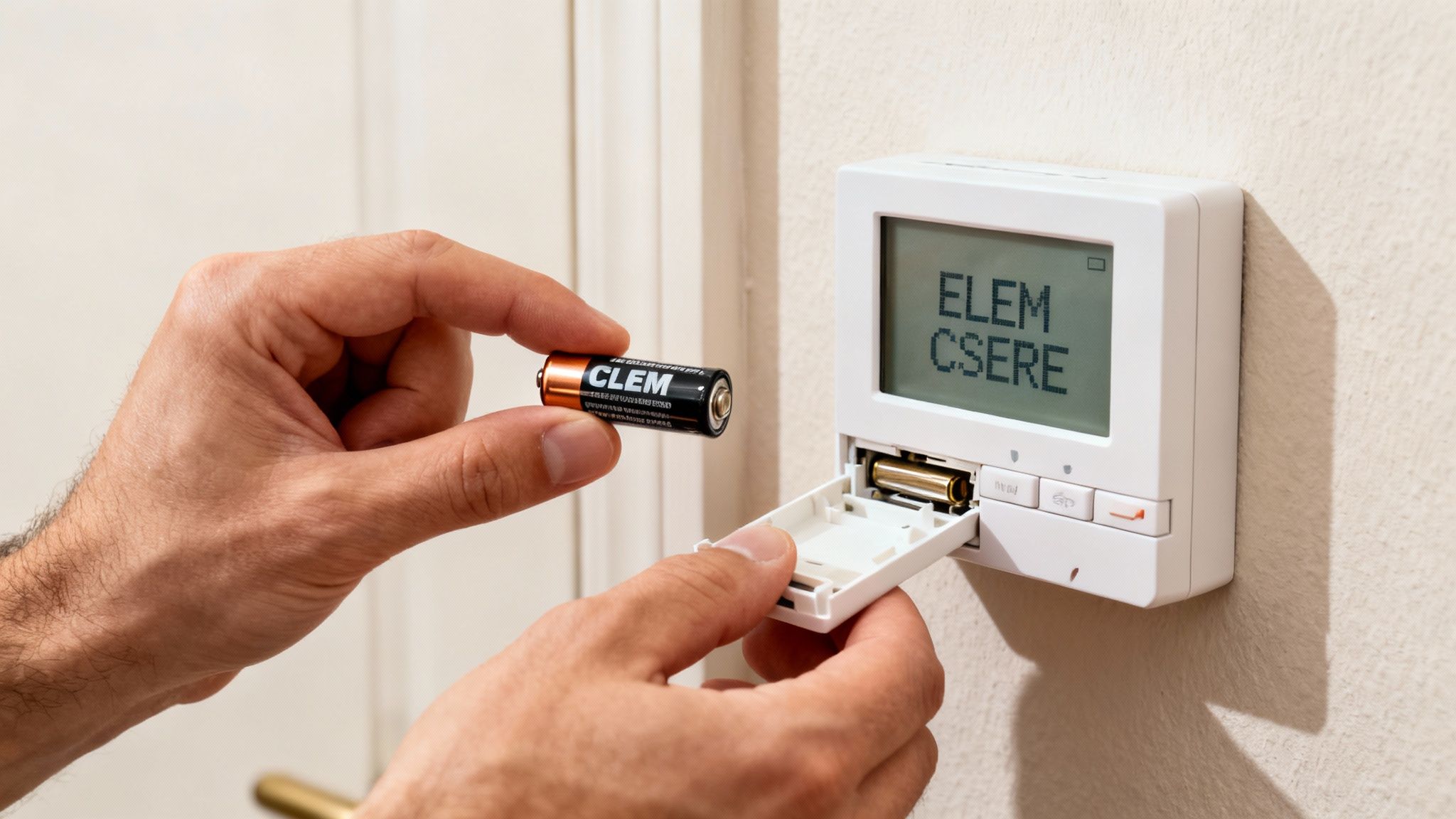 A kezében elemet tartó személy új elemet helyez be egy termosztátba, amelyen az „ELEM CSERE” hibaüzenet látható.