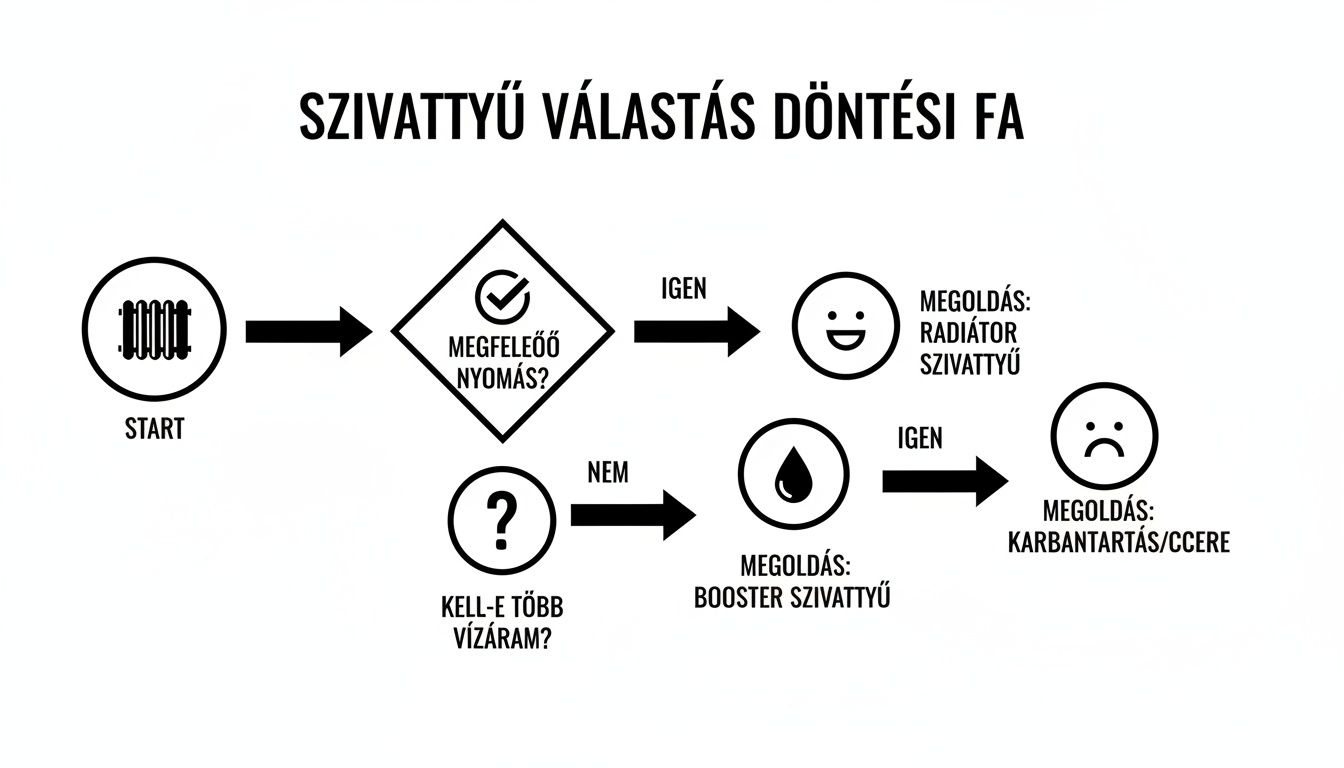 Szivattyú választás döntési fa diagram, amely segít kiválasztani a megfelelő szivattyút a nyomás és vízáramlás alapján.