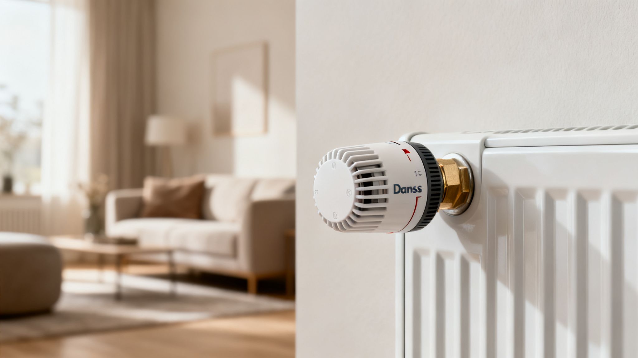 Danfoss radiátor termosztát egy modern nappaliban, fehér radiátorral, energiatakarékos fűtést biztosítva.