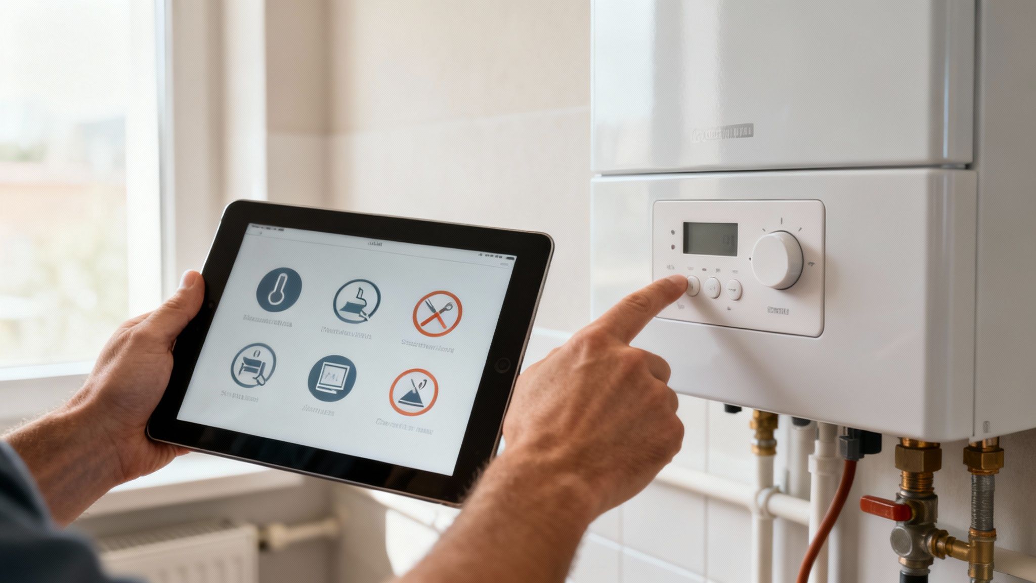 Férfi a kazán gombjait és egy tablettet használva állítja be az otthoni fűtést, modern fűtési rendszert kezel.