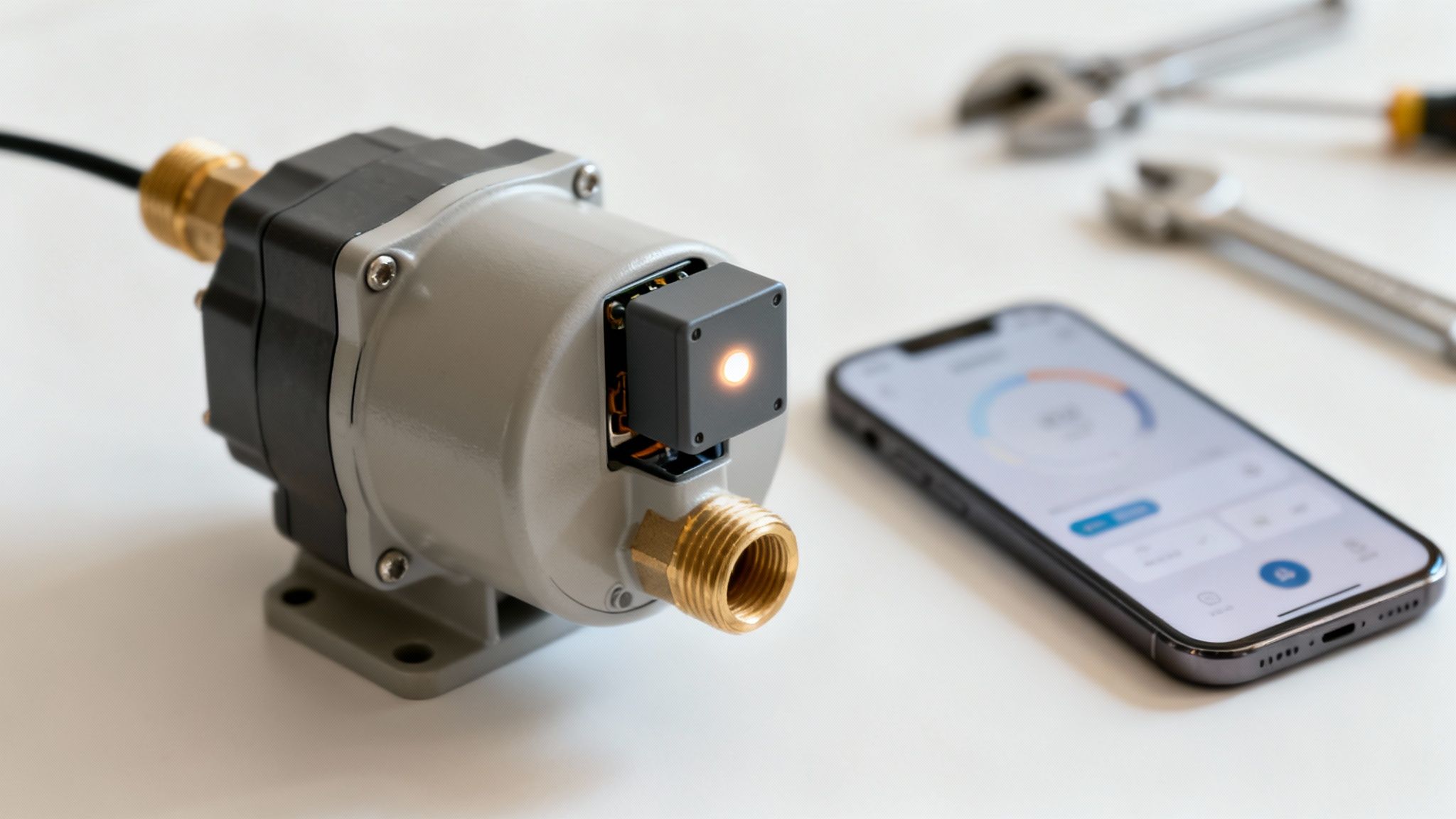 Keringető szivattyú okos szenzorral és telefonos applikációval, szerszámokkal egy asztalon.
