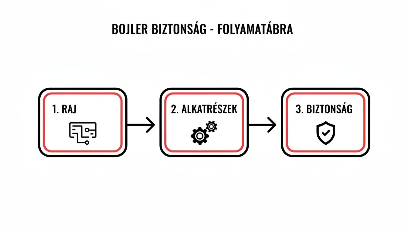 Bojler biztonsági folyamatábra három lépéssel: rajz, alkatrészek és a végső biztonsági ellenőrzés.
