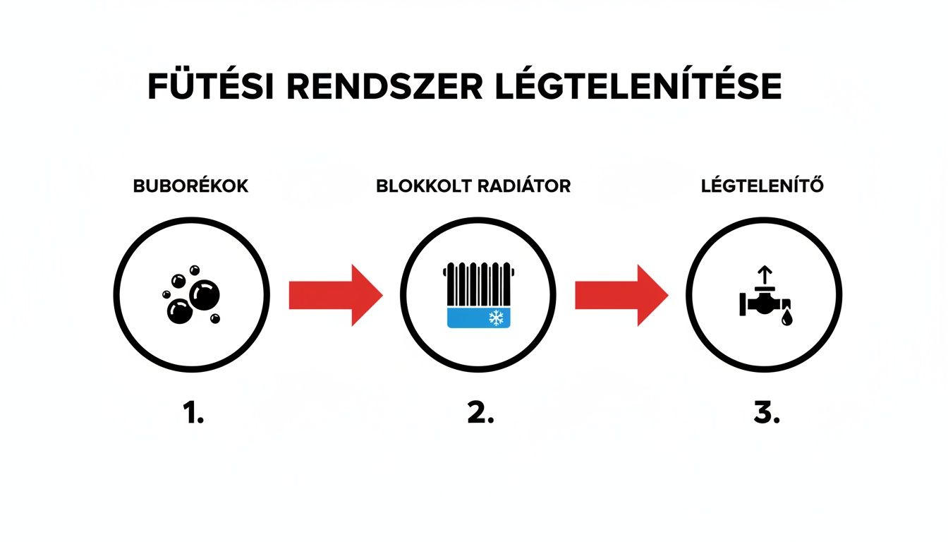 A fűtési rendszer légtelenítésének folyamata buborékokkal, blokkolt radiátorral és légtelenítő szeleppel.